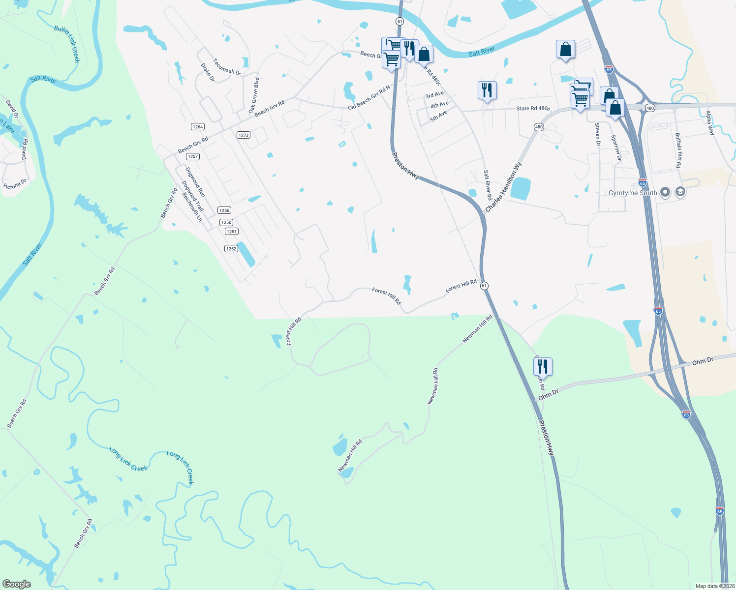 map of restaurants, bars, coffee shops, grocery stores, and more near 737 Forest Hill Road in Shepherdsville