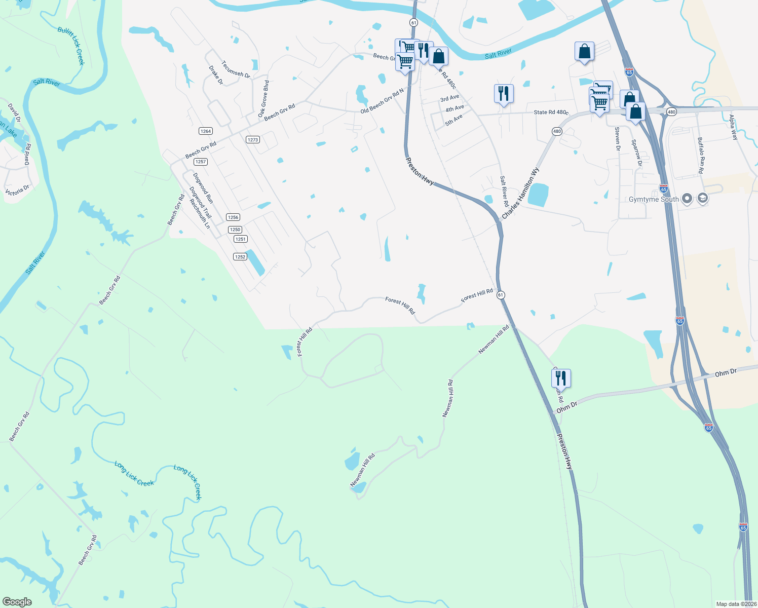 map of restaurants, bars, coffee shops, grocery stores, and more near 737 Forest Hill Road in Shepherdsville