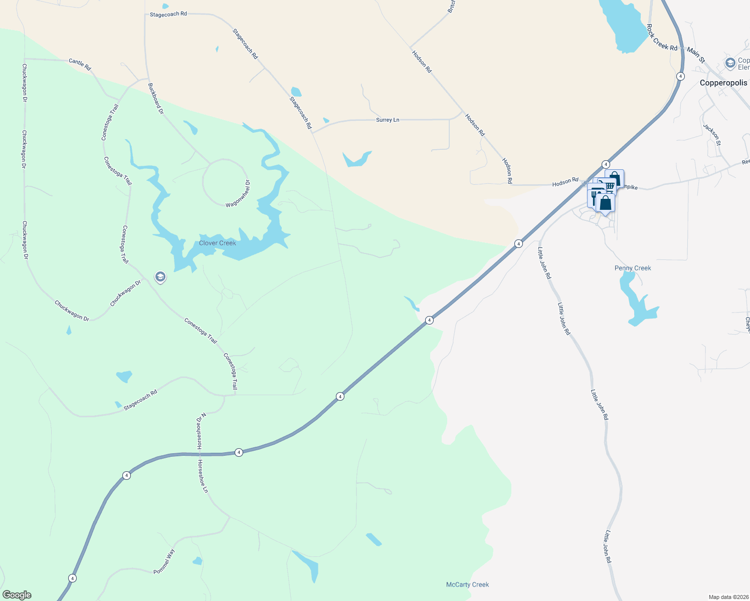 map of restaurants, bars, coffee shops, grocery stores, and more near 3644 Stagecoach Road in Copperopolis