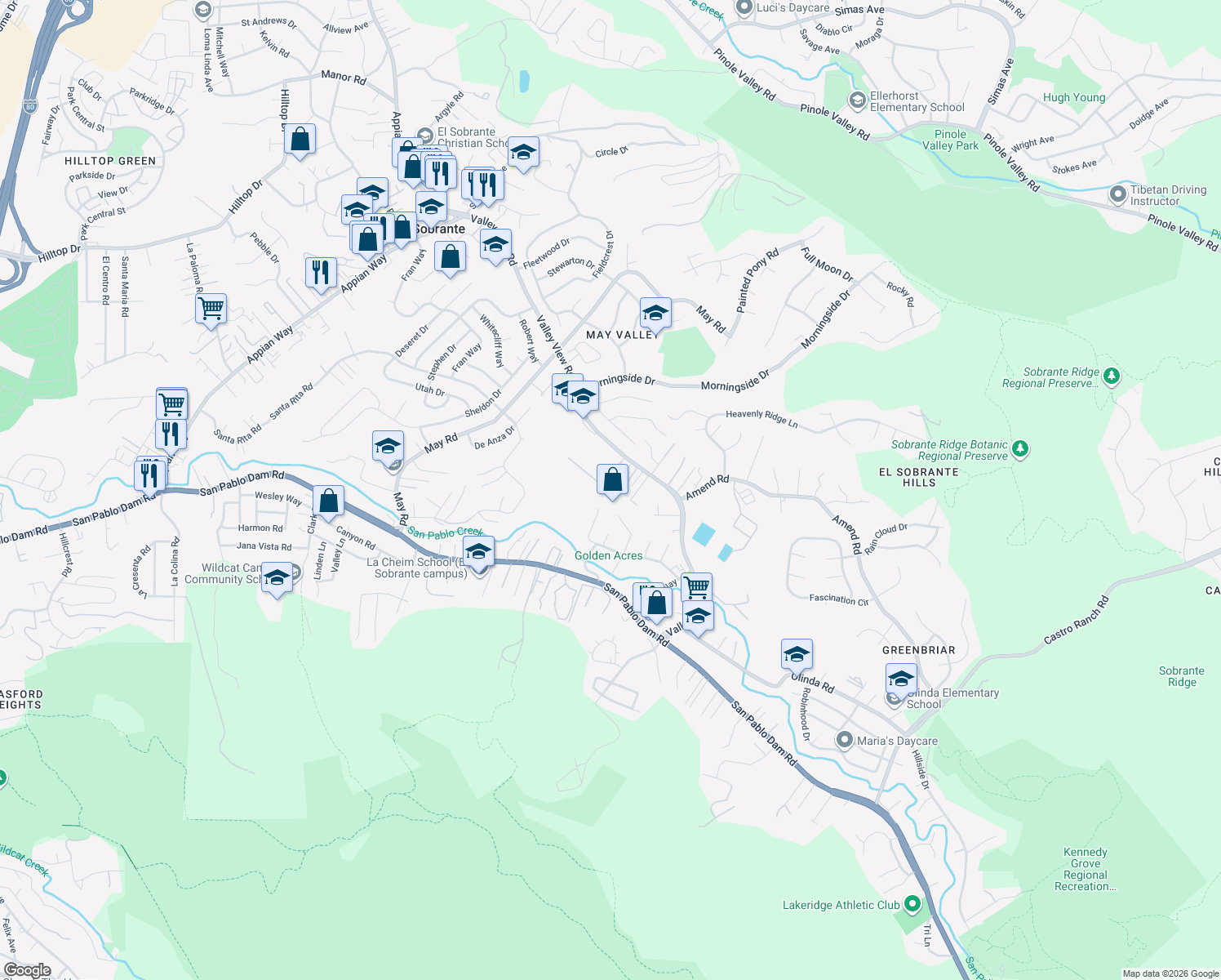 map of restaurants, bars, coffee shops, grocery stores, and more near 48 Valley View Court in El Sobrante
