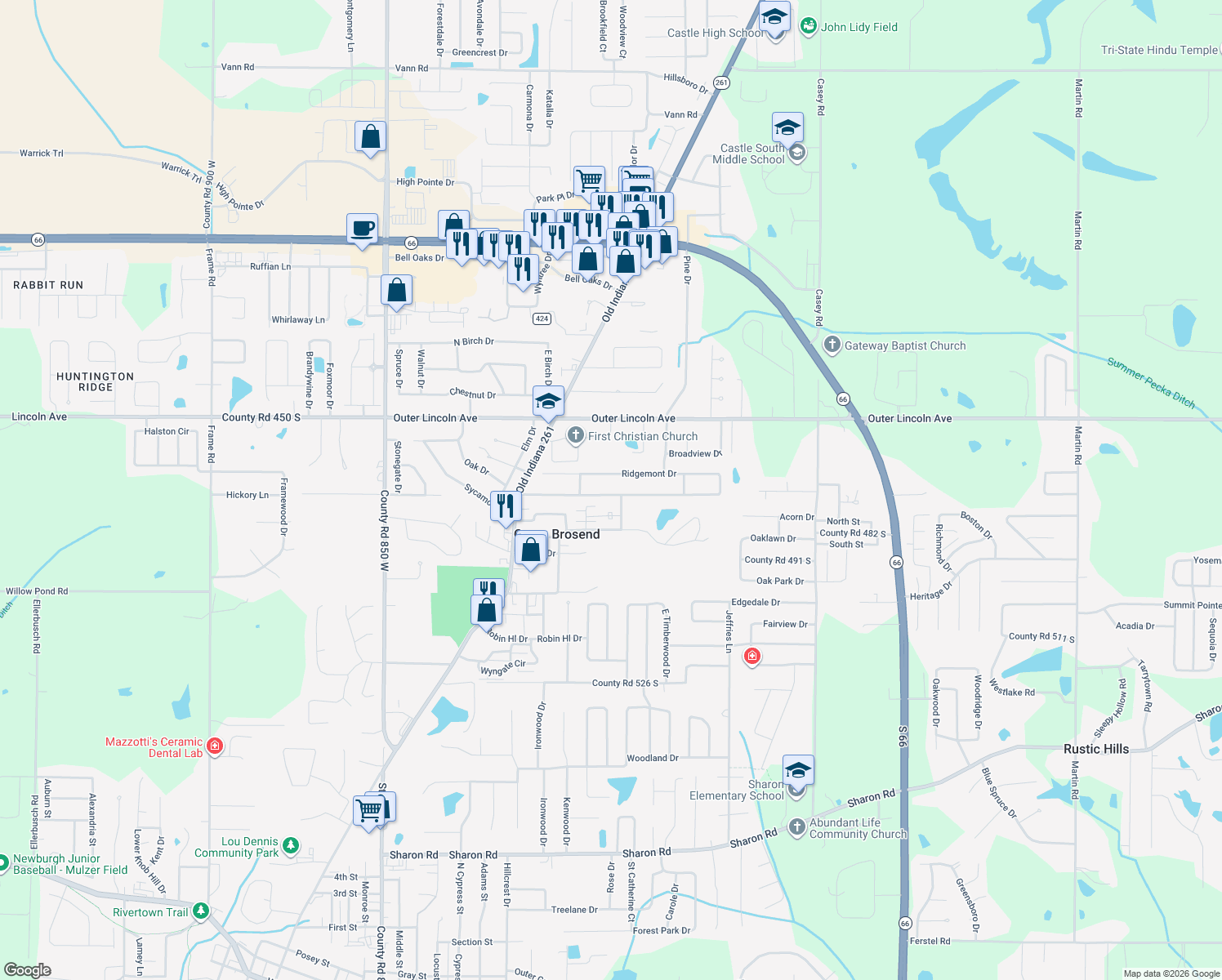 map of restaurants, bars, coffee shops, grocery stores, and more near 7844 Meadow Lane in Newburgh
