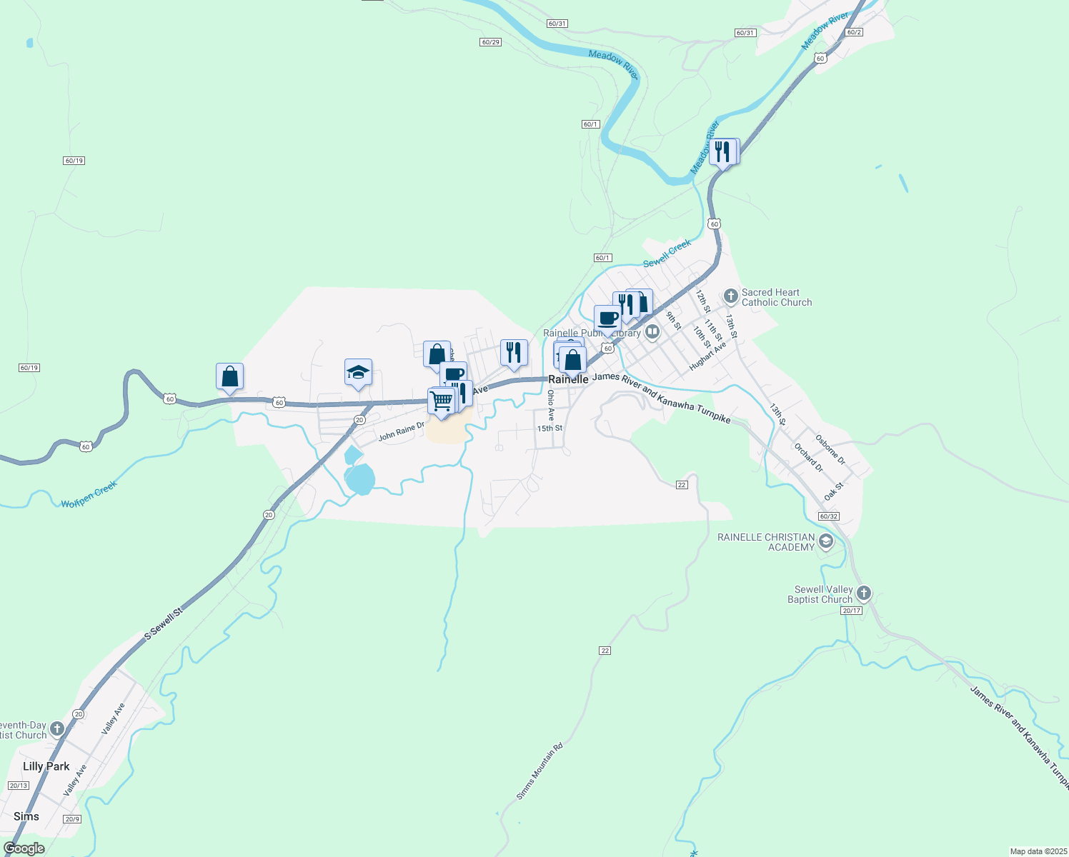 map of restaurants, bars, coffee shops, grocery stores, and more near 411 Penn Avenue in Rainelle