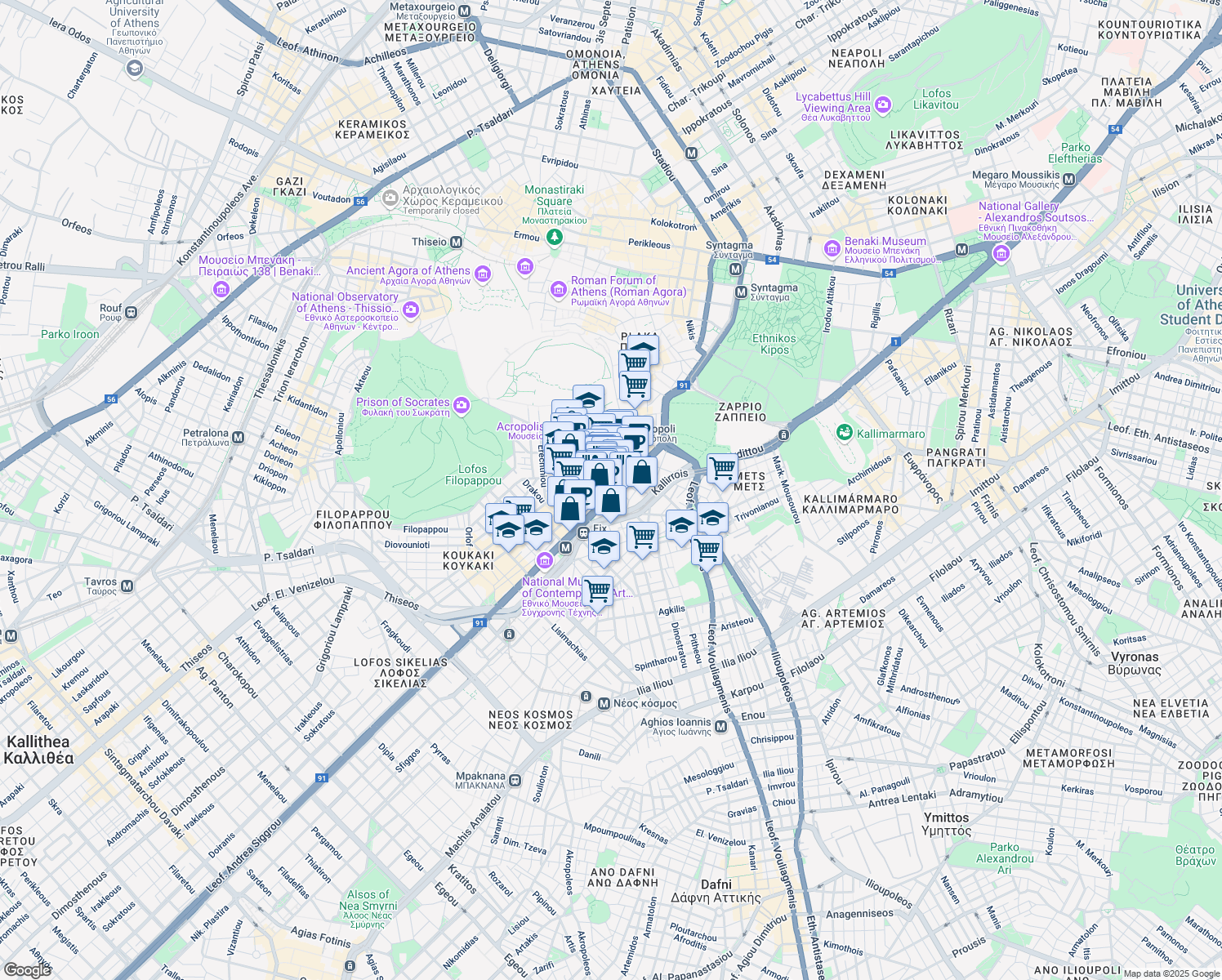 map of restaurants, bars, coffee shops, grocery stores, and more near in Athina