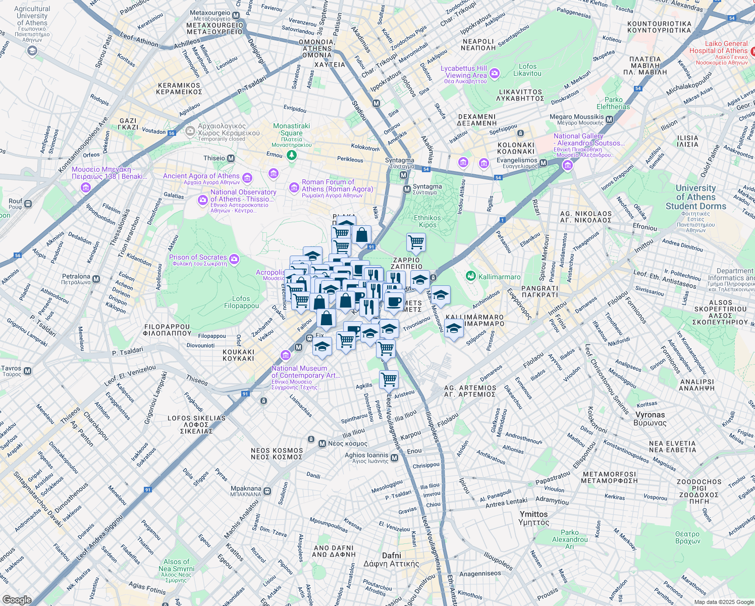 map of restaurants, bars, coffee shops, grocery stores, and more near Athanasiou Diakou in Athina