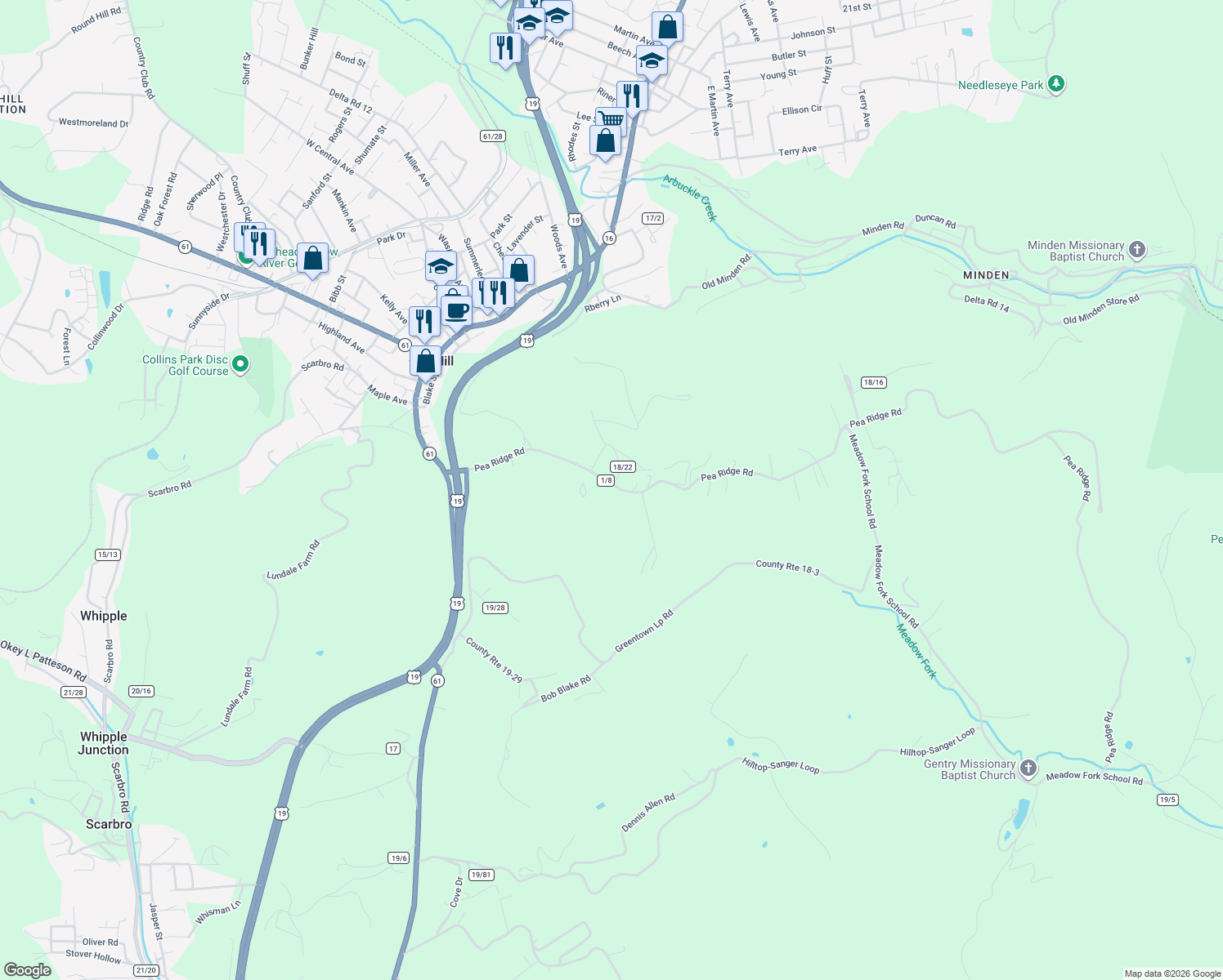 map of restaurants, bars, coffee shops, grocery stores, and more near 520 Pea Ridge Rd in Oak Hill