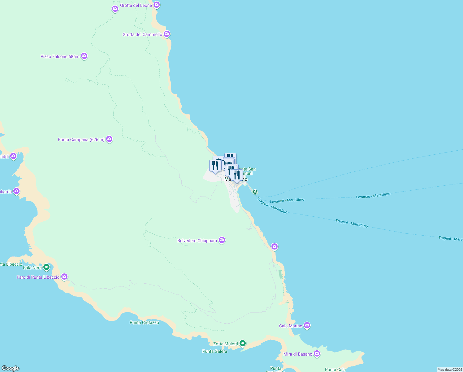 map of restaurants, bars, coffee shops, grocery stores, and more near Via Carlo Cavasino in Libero consorzio comunale di Trapani