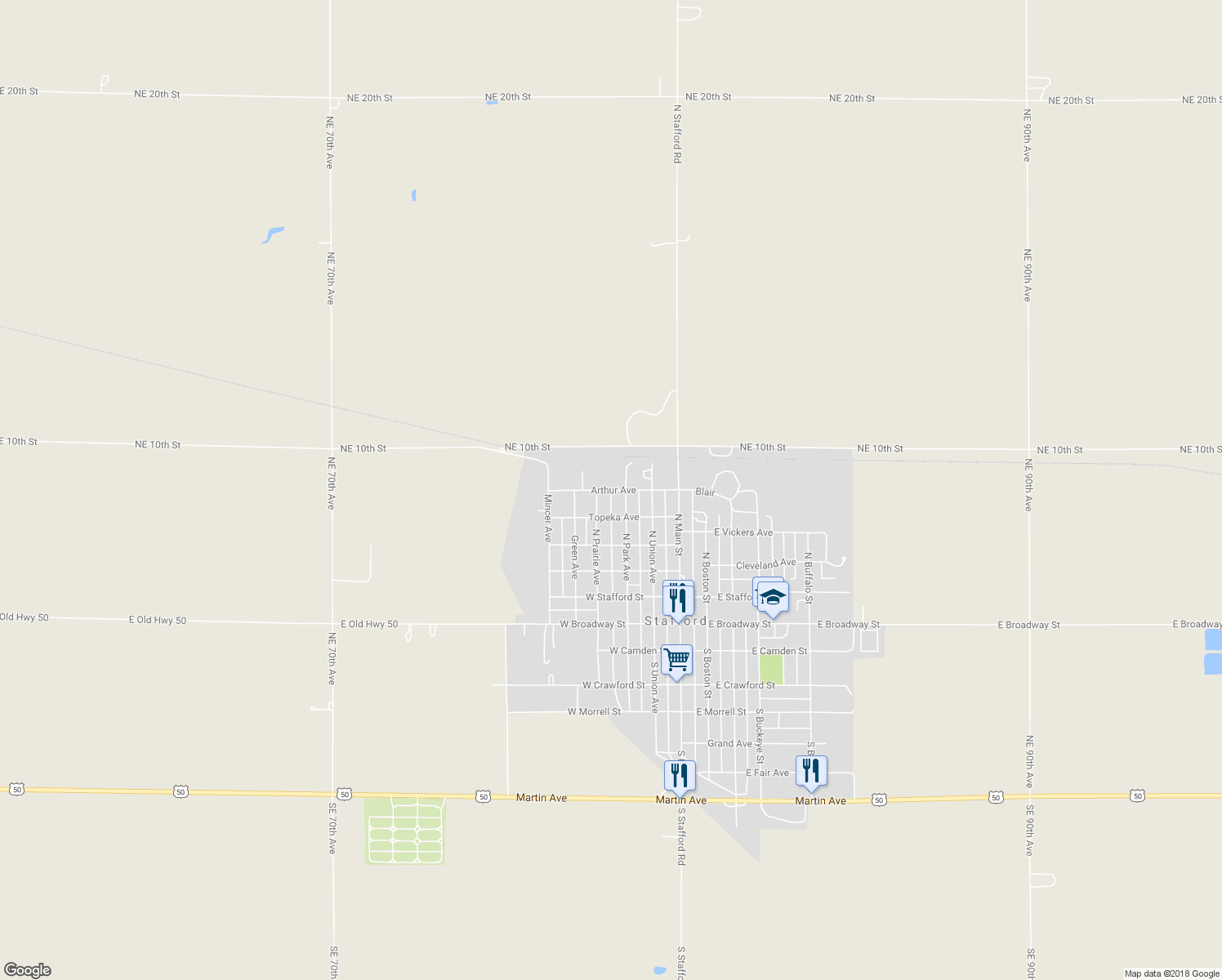 map of restaurants, bars, coffee shops, grocery stores, and more near Arthur Avenue in Stafford