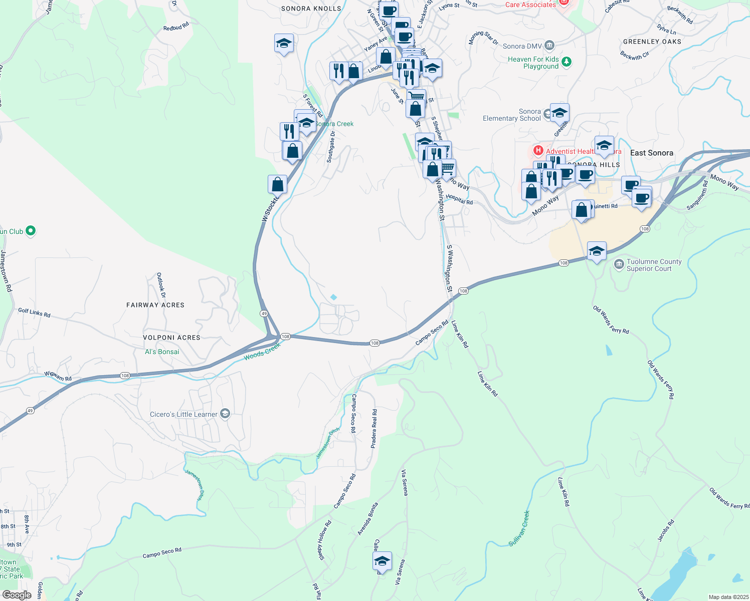 map of restaurants, bars, coffee shops, grocery stores, and more near 145 Crooked Lane in Sonora