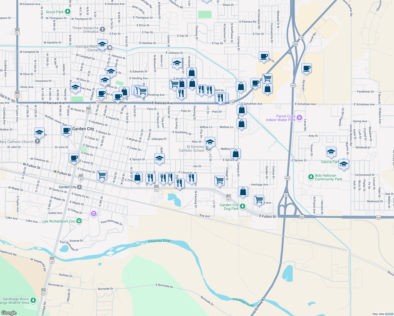 map of restaurants, bars, coffee shops, grocery stores, and more near 602 Fleming Street in Garden City