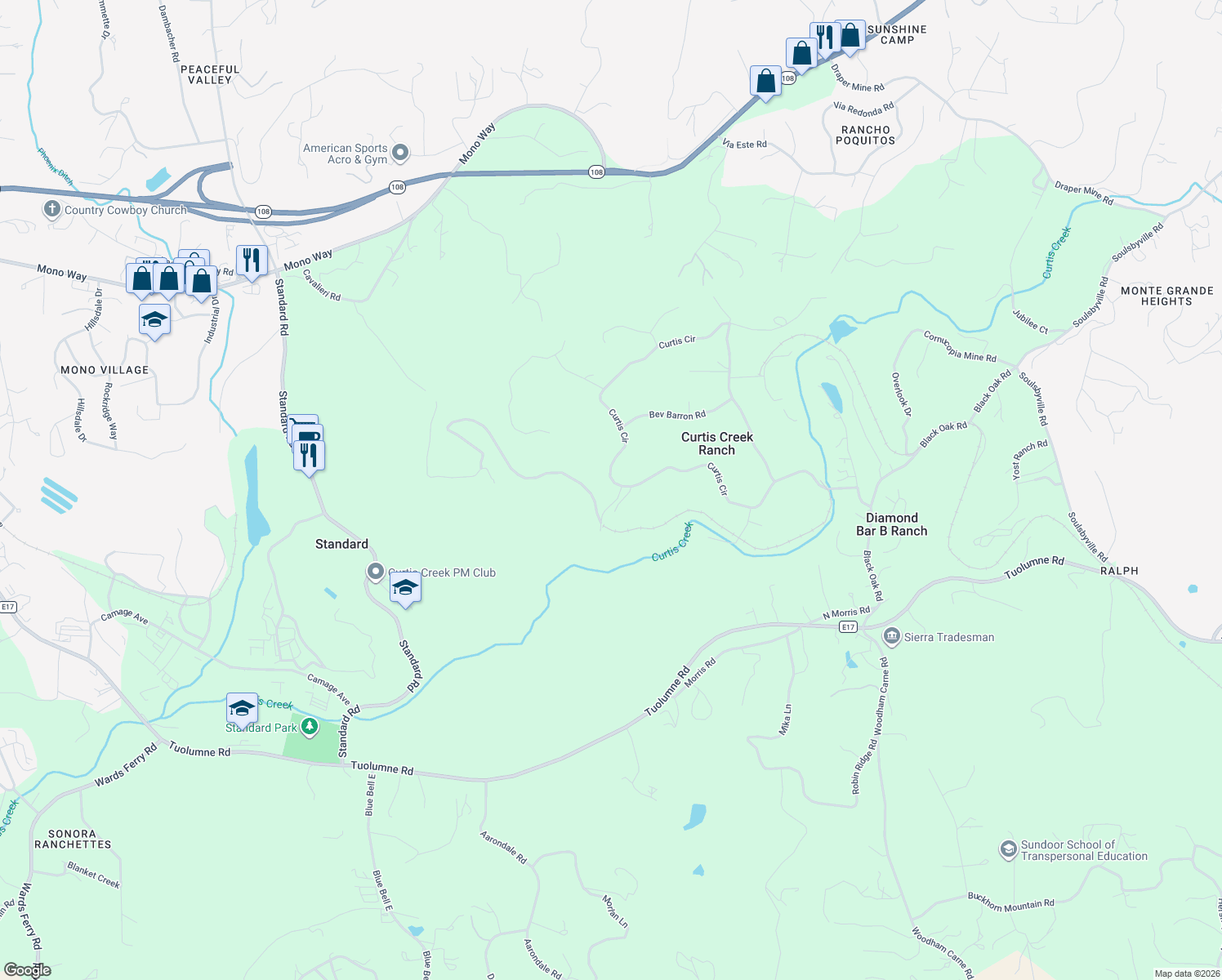map of restaurants, bars, coffee shops, grocery stores, and more near 15595 Curtis Circle in Sonora