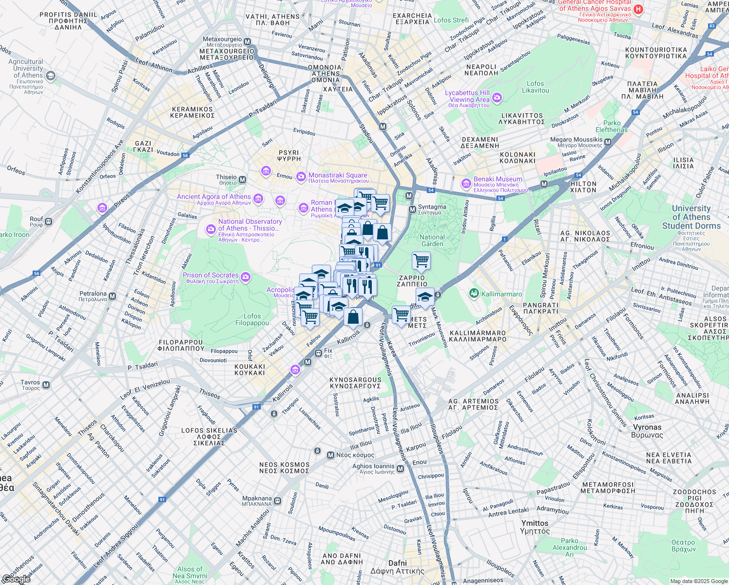 map of restaurants, bars, coffee shops, grocery stores, and more near 2 Leoforos Andrea Siggrou in Athens