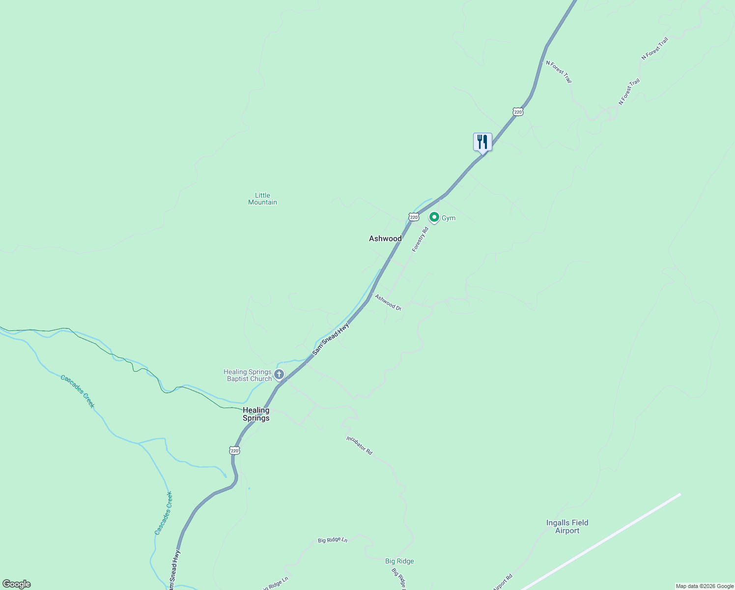 map of restaurants, bars, coffee shops, grocery stores, and more near 5295 Sam Snead Highway in Hot Springs