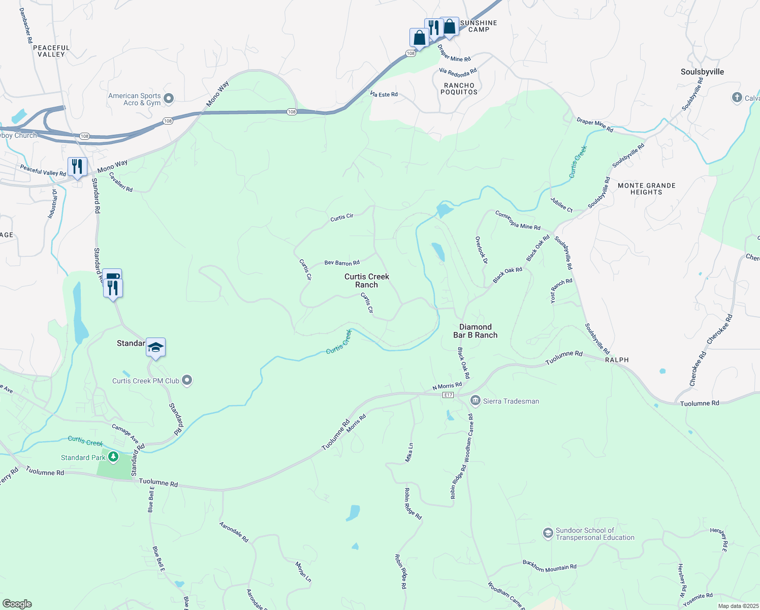 map of restaurants, bars, coffee shops, grocery stores, and more near 15860 Curtis Circle in Sonora