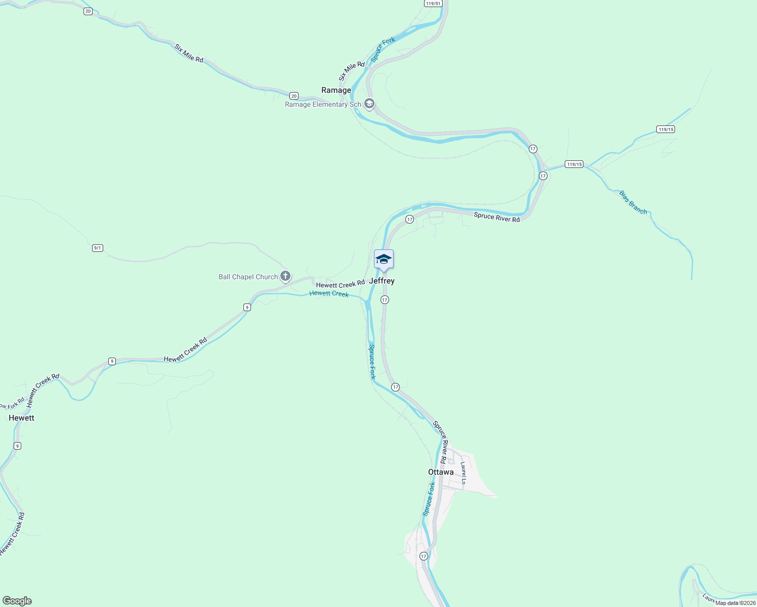 map of restaurants, bars, coffee shops, grocery stores, and more near Blair Mountain Highway in Jeffrey