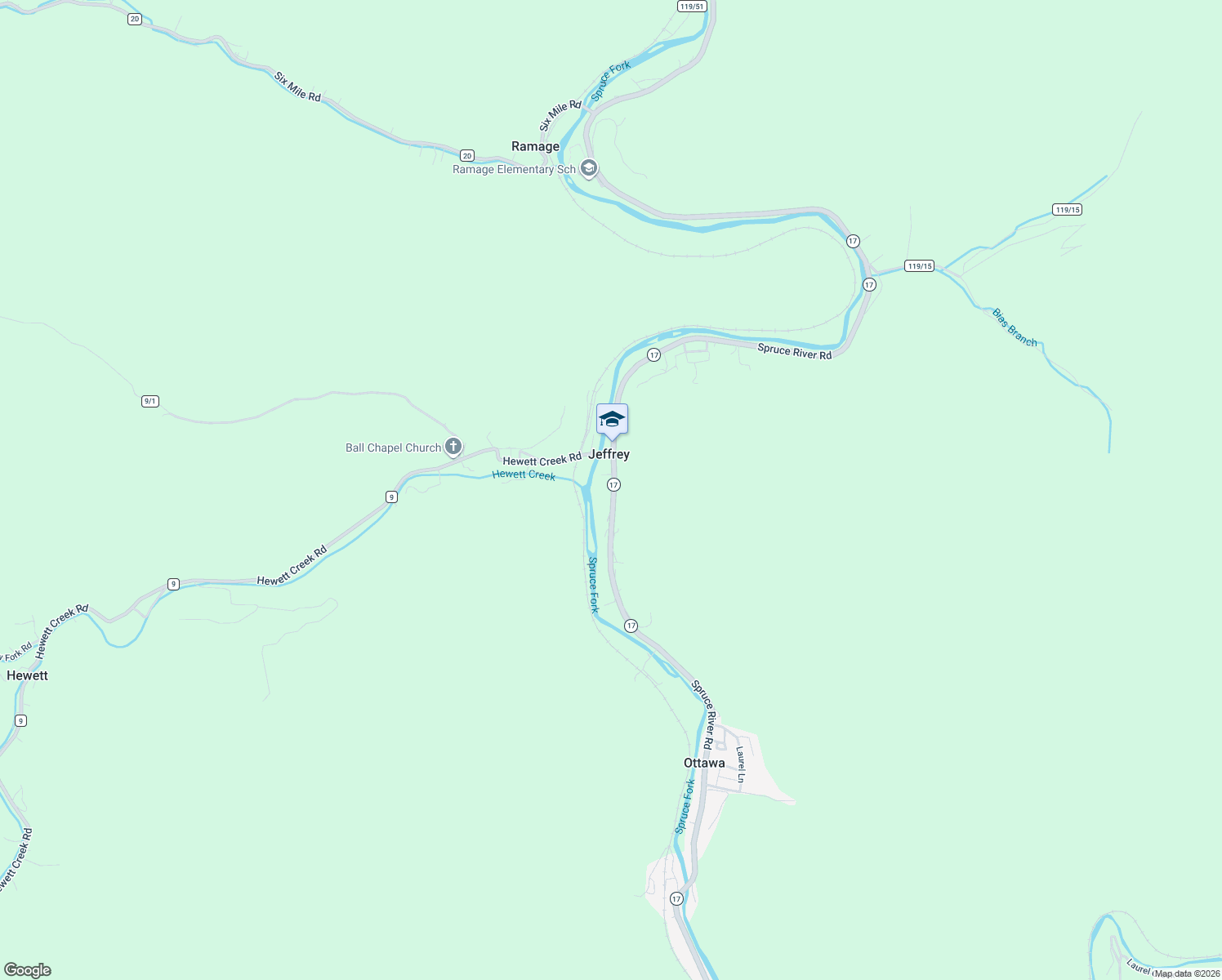 map of restaurants, bars, coffee shops, grocery stores, and more near Blair Mountain Highway in Jeffrey