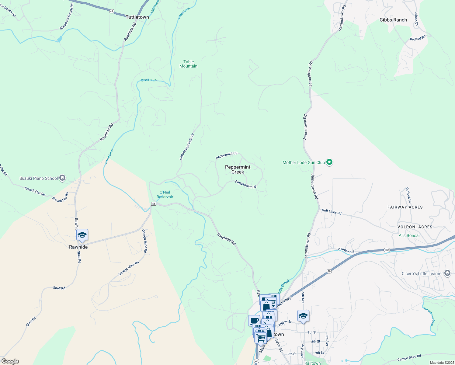 map of restaurants, bars, coffee shops, grocery stores, and more near Peppermint Creek Road in Jamestown