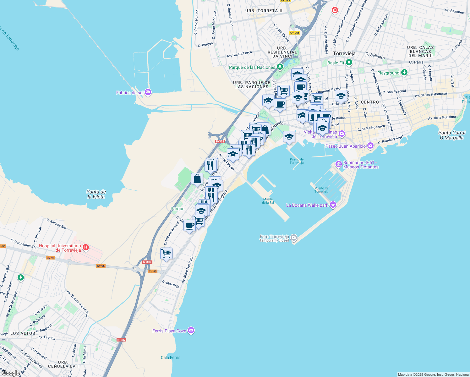 map of restaurants, bars, coffee shops, grocery stores, and more near 8 Avenida Desiderio Rodríguez in Torrevieja