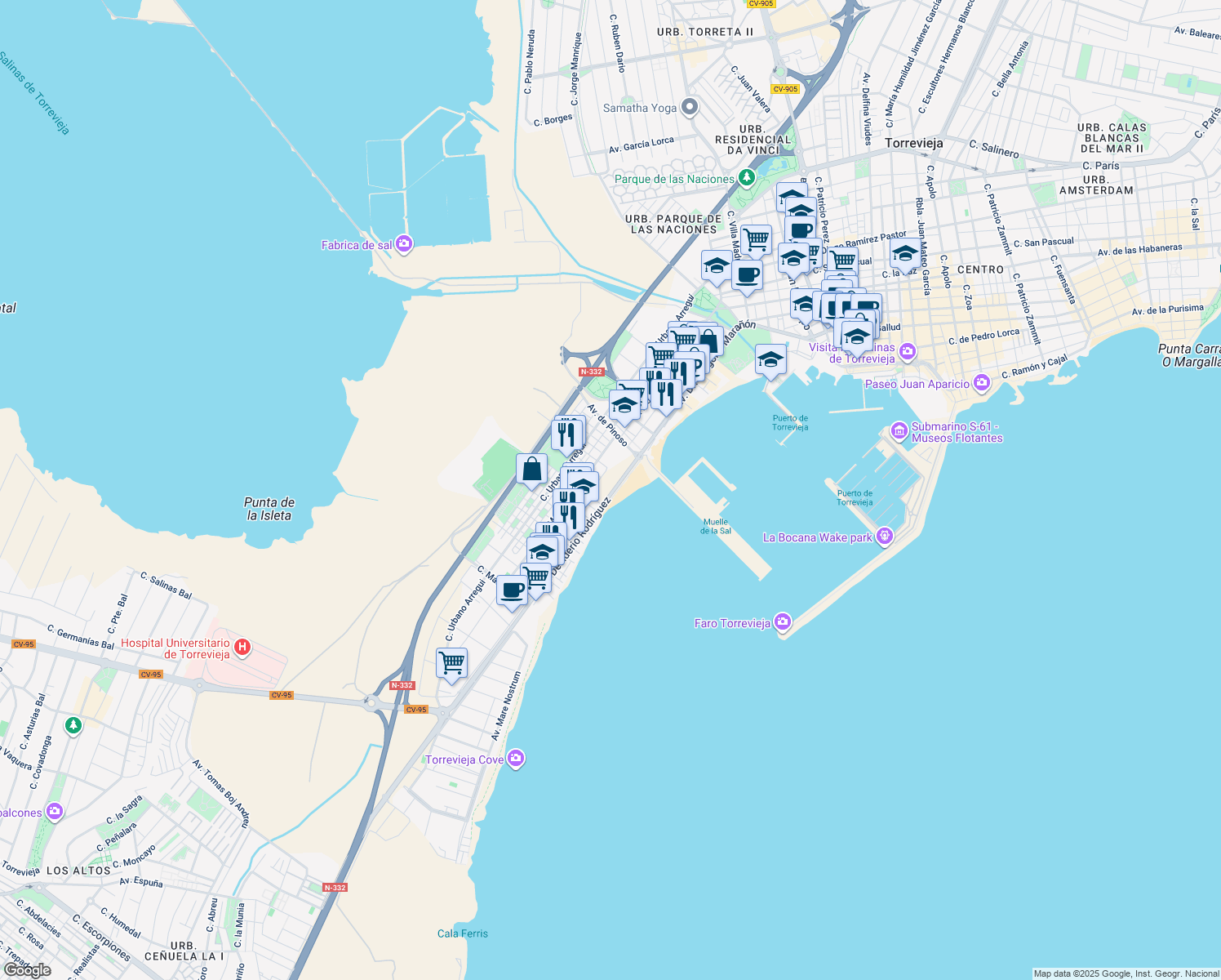 map of restaurants, bars, coffee shops, grocery stores, and more near 8 Avenida Desiderio Rodríguez in Torrevieja
