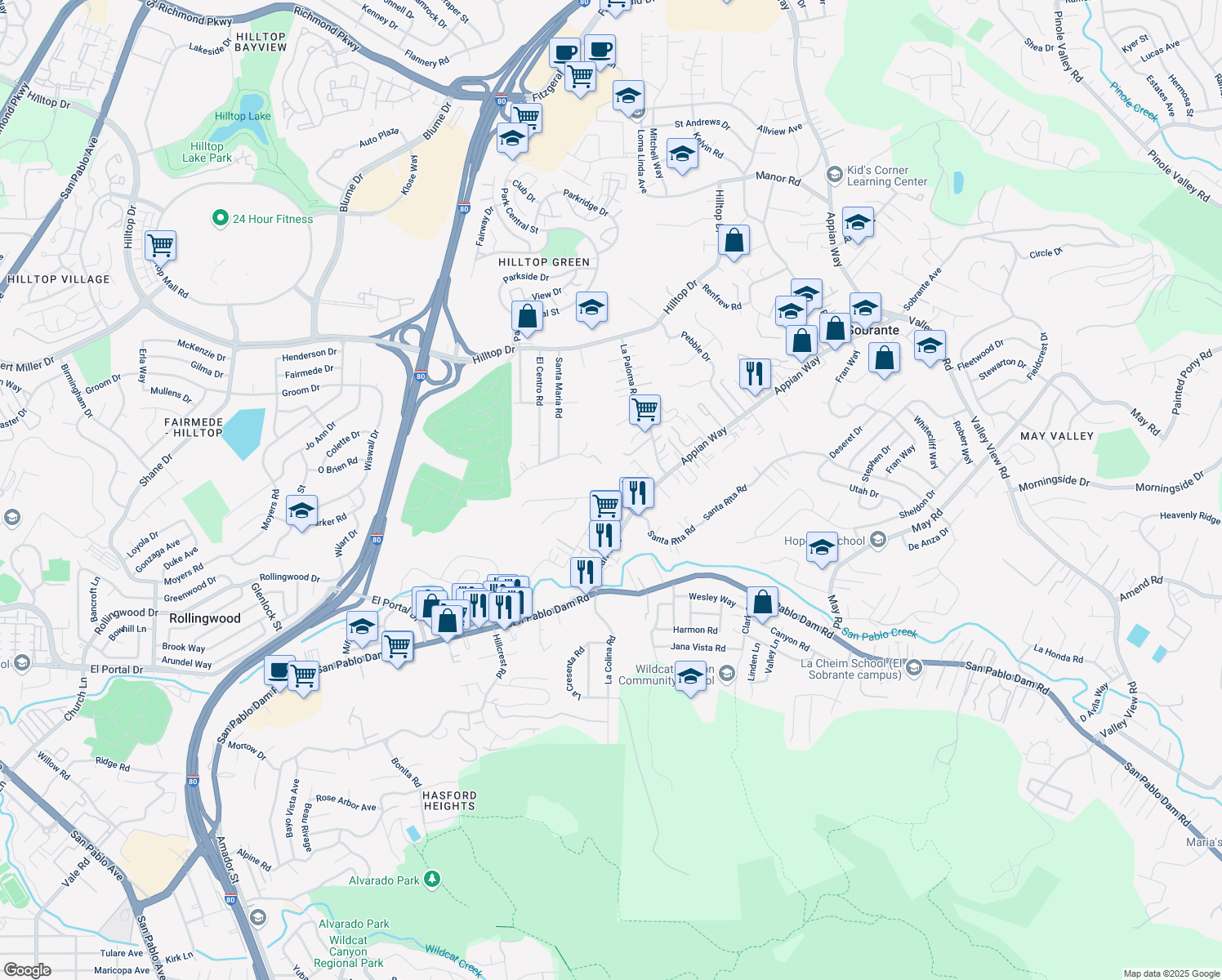 map of restaurants, bars, coffee shops, grocery stores, and more near 4247 Fariss Lane in El Sobrante