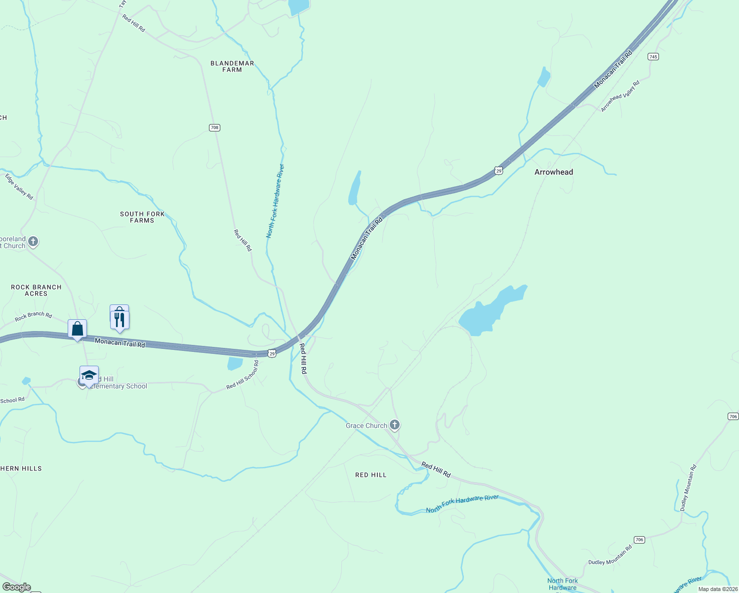 map of restaurants, bars, coffee shops, grocery stores, and more near 2246 Farm Vista Road in Charlottesville