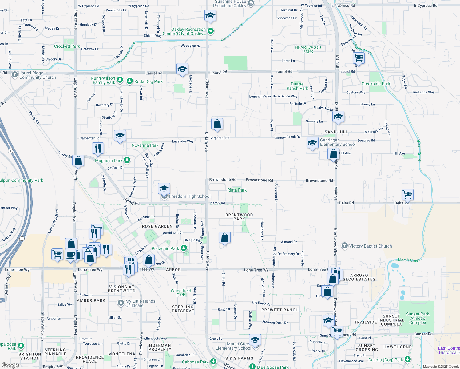 map of restaurants, bars, coffee shops, grocery stores, and more near 504 Silverspur Lane in Oakley