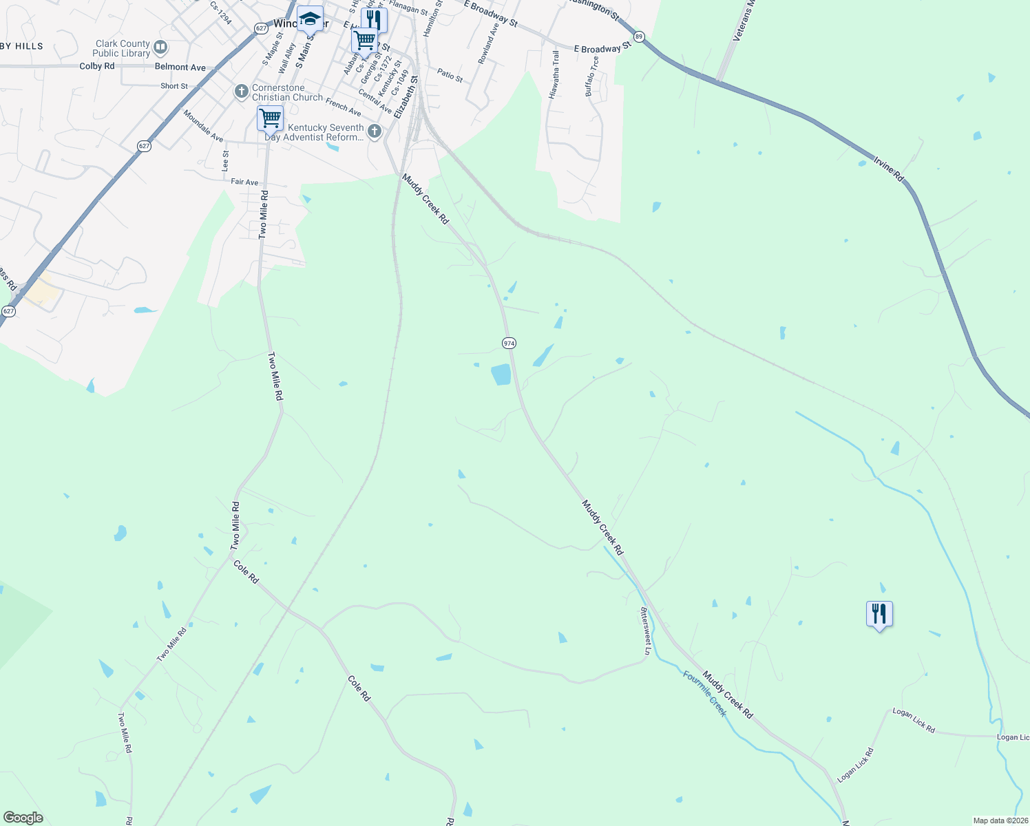 map of restaurants, bars, coffee shops, grocery stores, and more near 1987 Muddy Creek Road in Winchester