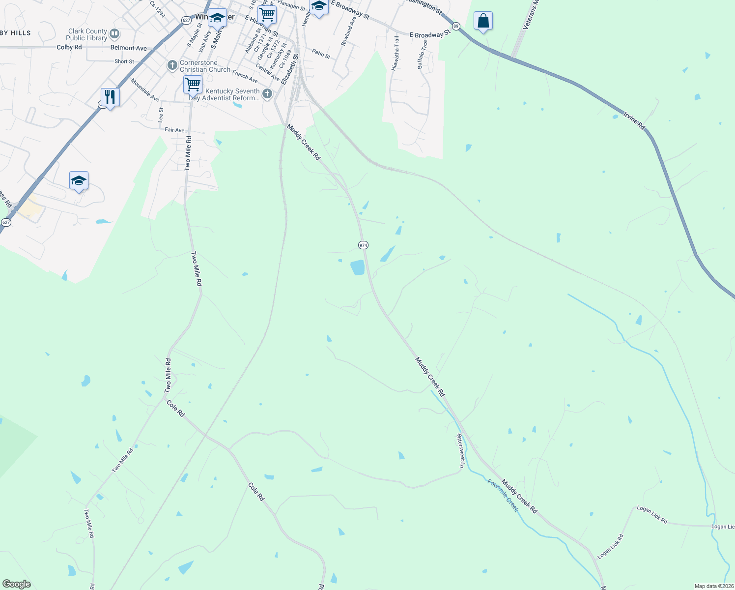 map of restaurants, bars, coffee shops, grocery stores, and more near 1987 Muddy Creek Road in Winchester