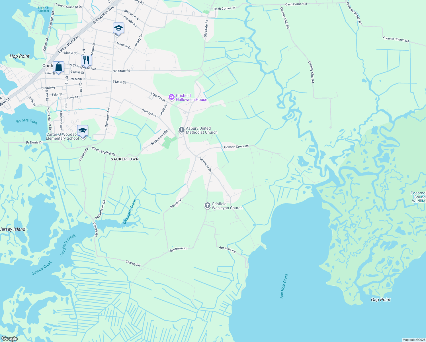 map of restaurants, bars, coffee shops, grocery stores, and more near 3223 Lawsonia Rd in Crisfield