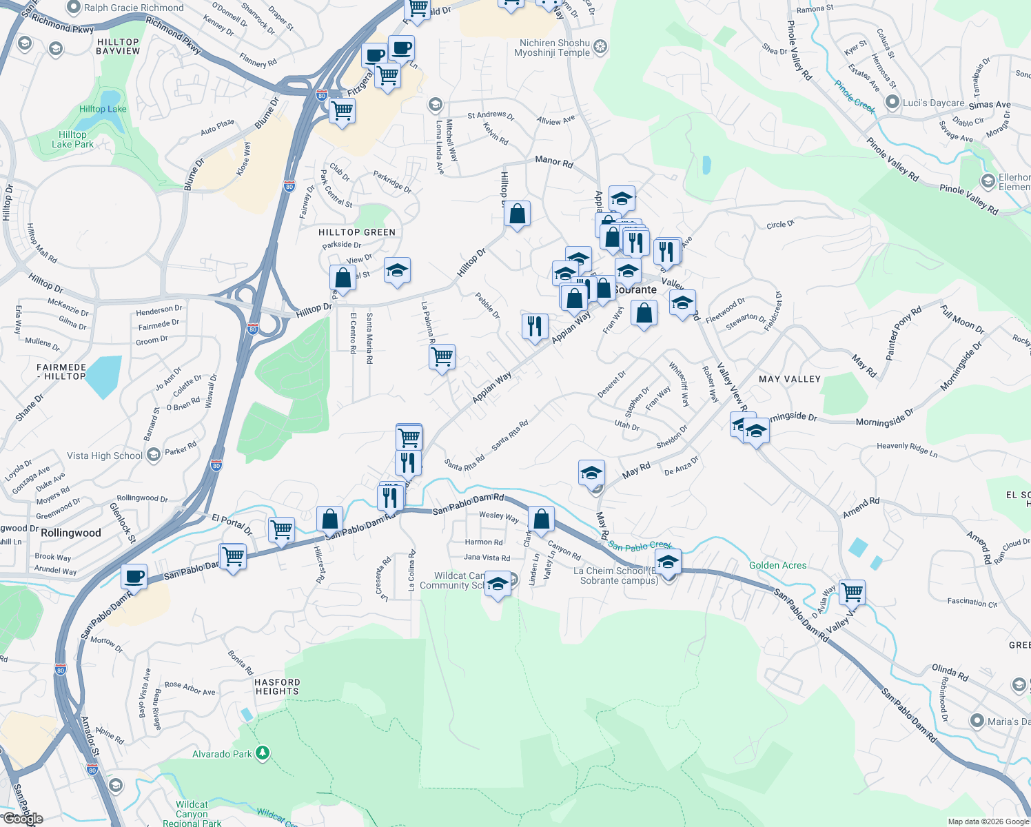 map of restaurants, bars, coffee shops, grocery stores, and more near 4277 Santa Rita Road in El Sobrante