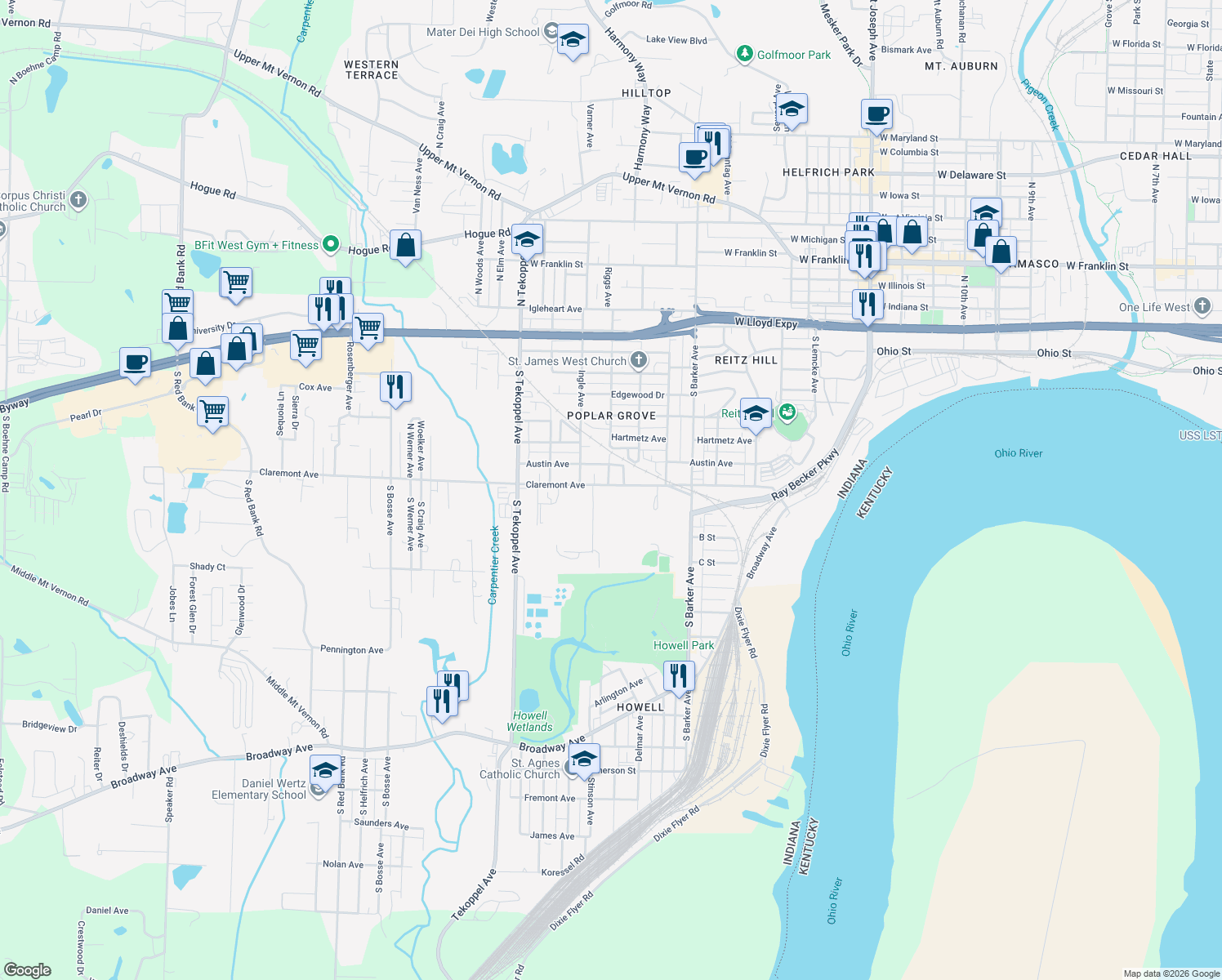 map of restaurants, bars, coffee shops, grocery stores, and more near 500 Schrader Drive in Evansville