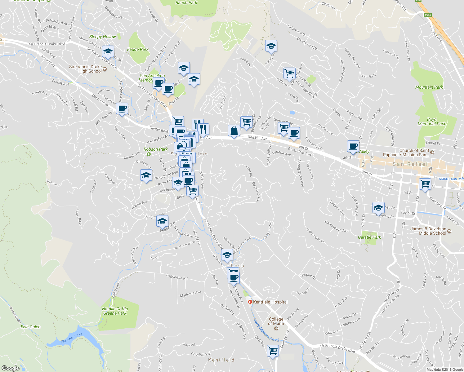 map of restaurants, bars, coffee shops, grocery stores, and more near 31 Baywood Avenue in San Anselmo