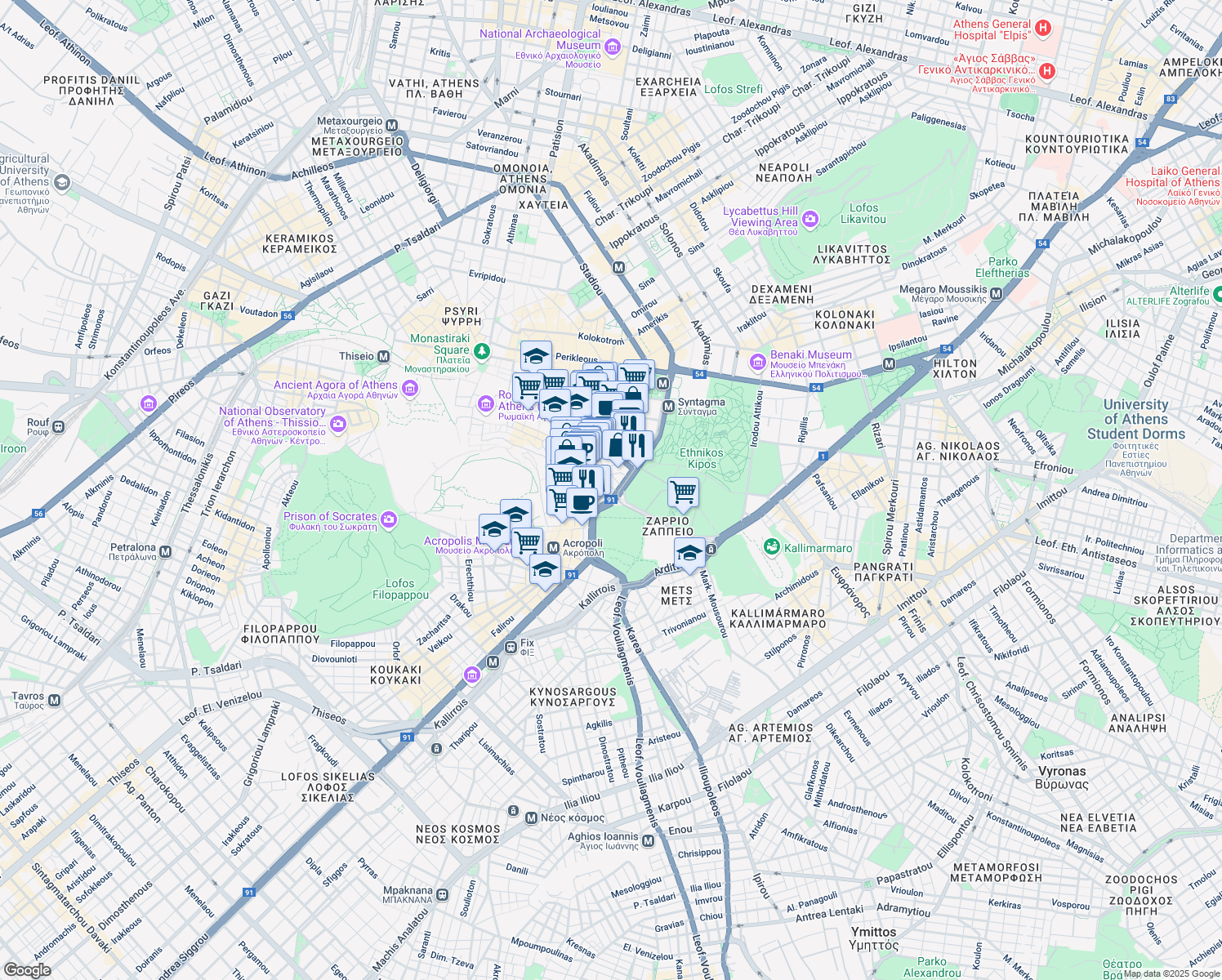 map of restaurants, bars, coffee shops, grocery stores, and more near in Athina