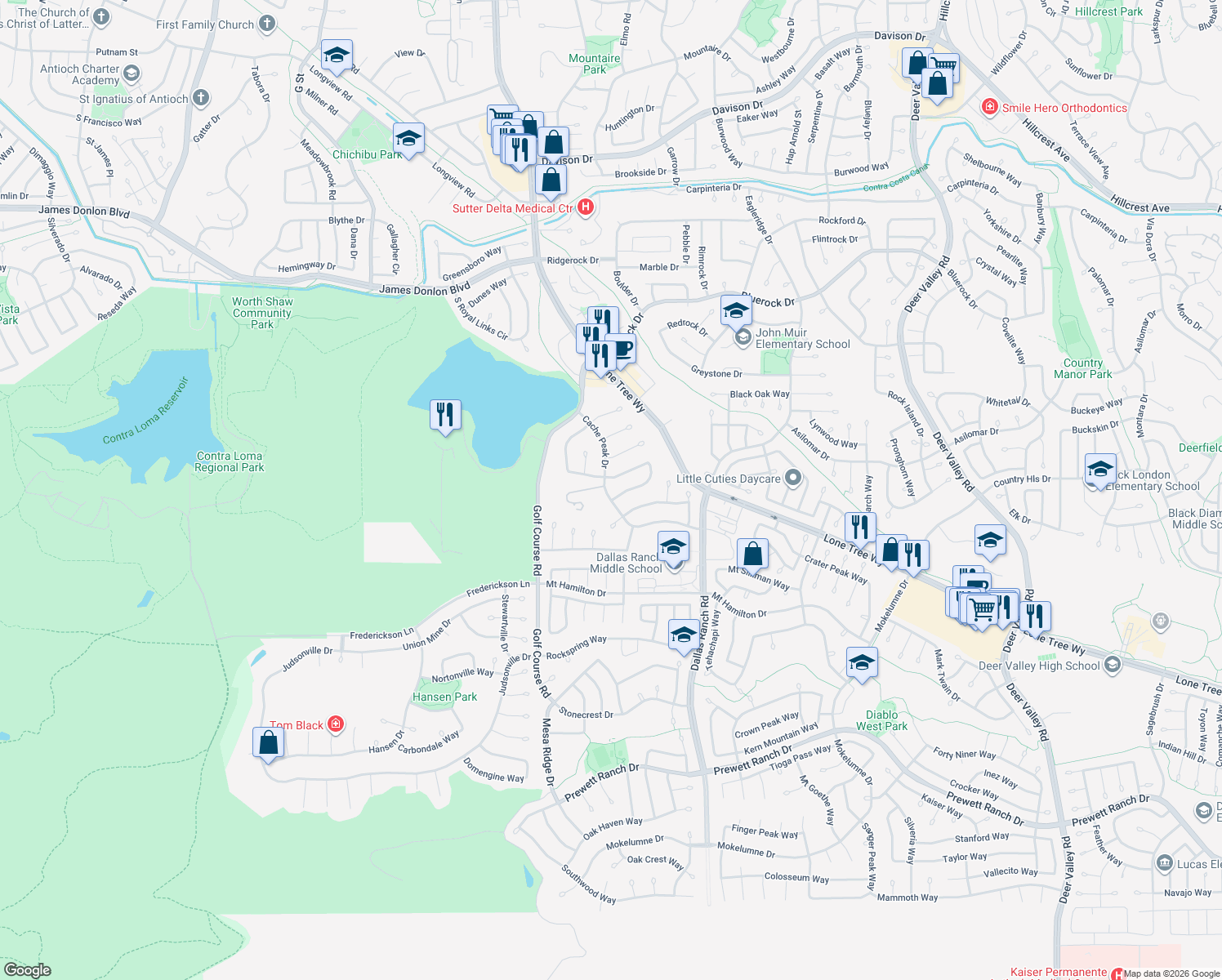 map of restaurants, bars, coffee shops, grocery stores, and more near 4807 Cache Peak Drive in Antioch