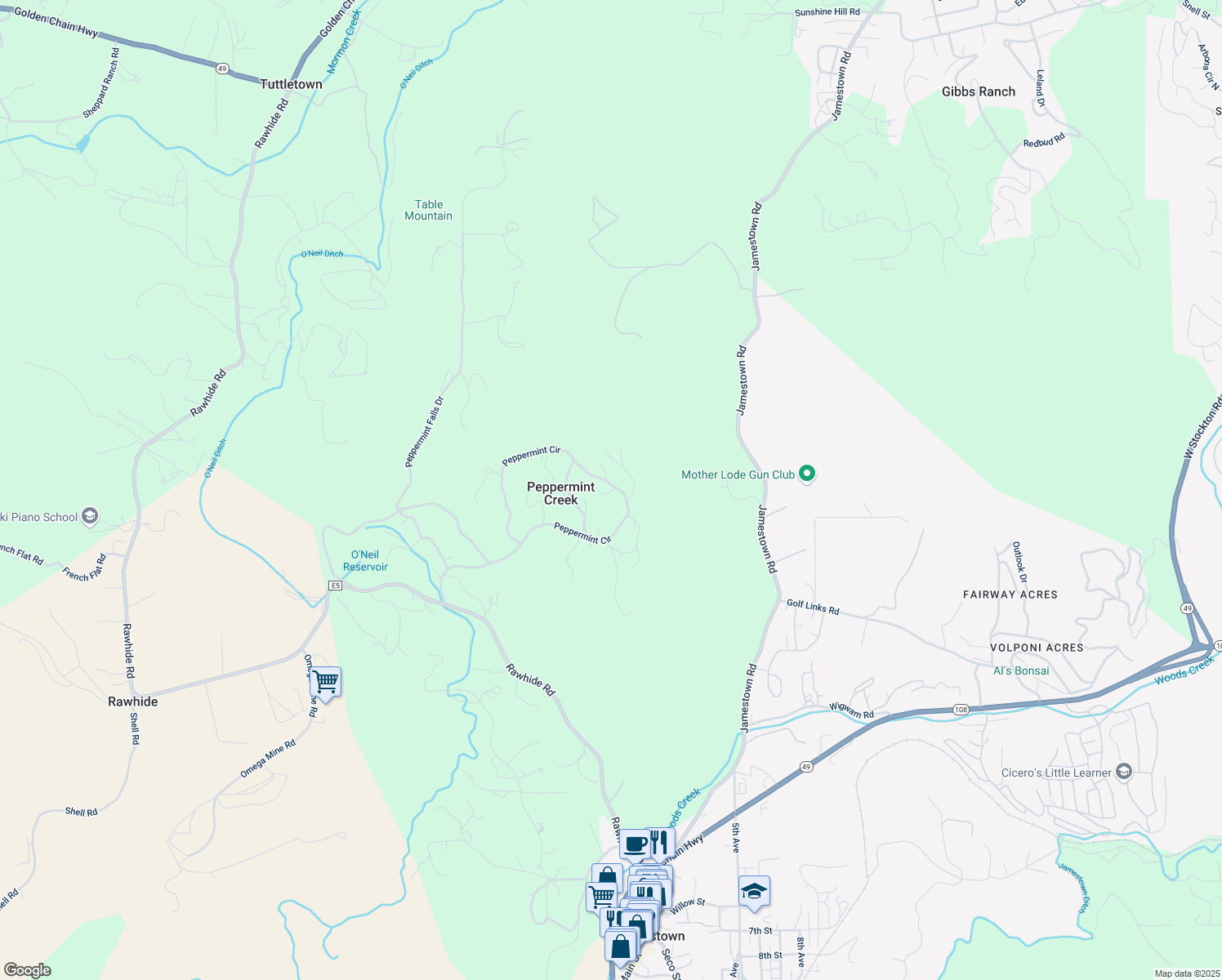 map of restaurants, bars, coffee shops, grocery stores, and more near Peppermint Creek Road in Jamestown