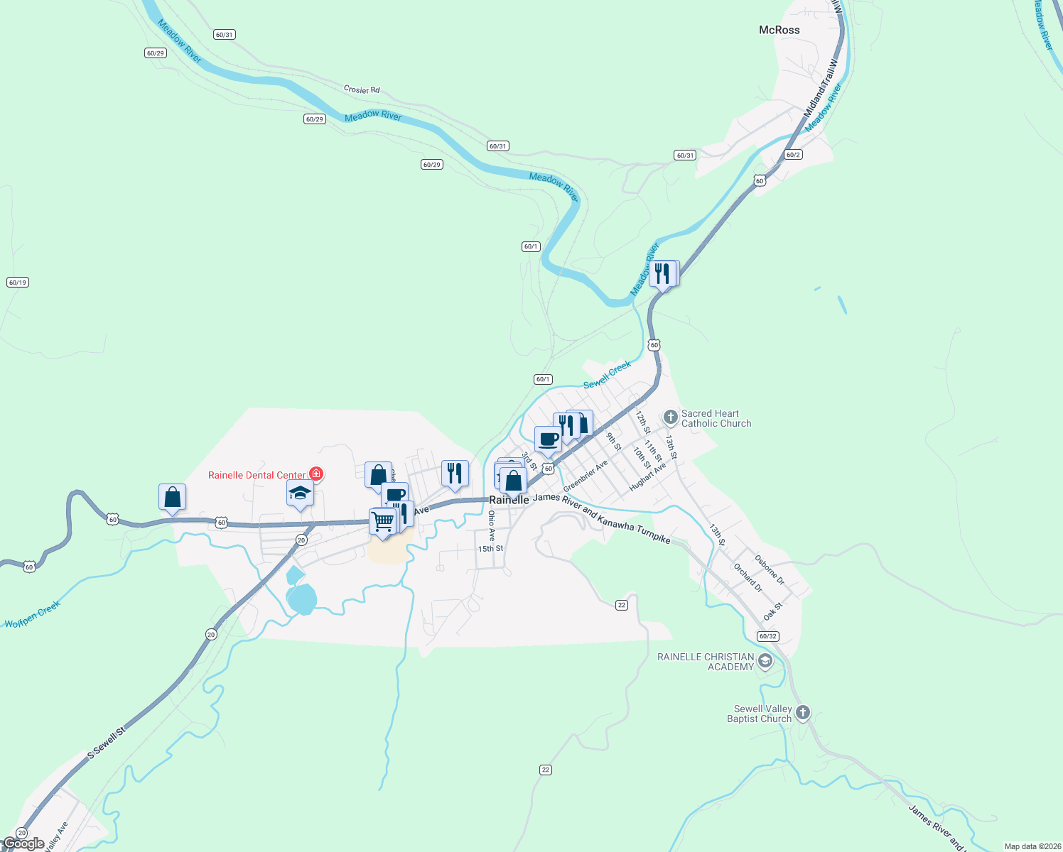 map of restaurants, bars, coffee shops, grocery stores, and more near 134 5th Street in Rainelle