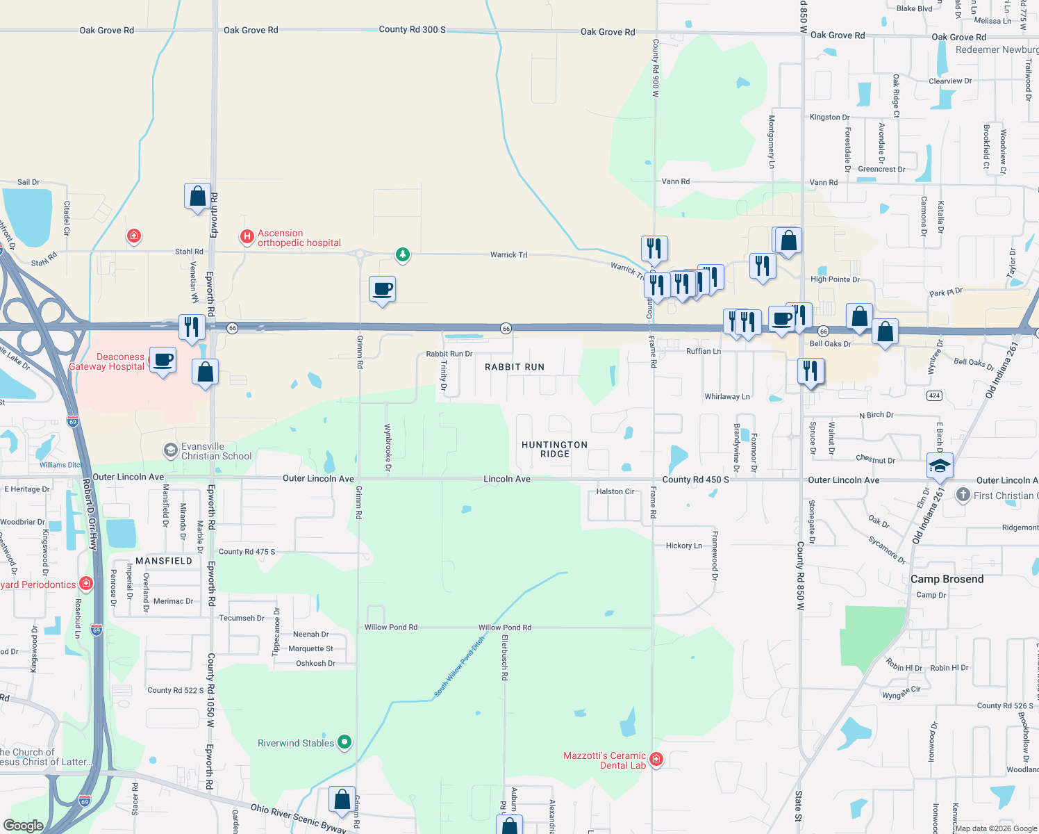 map of restaurants, bars, coffee shops, grocery stores, and more near 4660 Fieldcrest Pl Cir in Newburgh