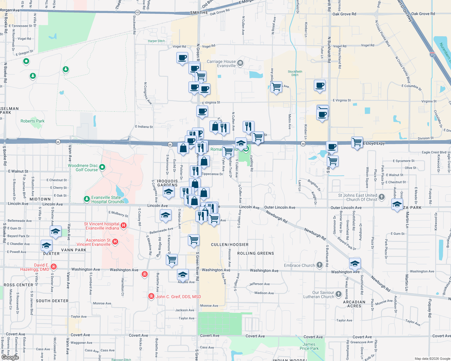 map of restaurants, bars, coffee shops, grocery stores, and more near 412 Tyler Ave in Evansville