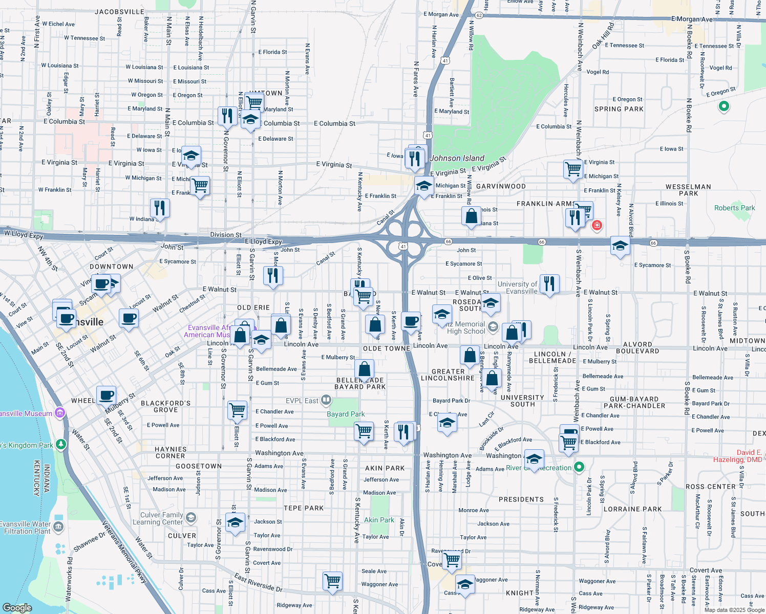 map of restaurants, bars, coffee shops, grocery stores, and more near 424 S New York Ave in Evansville