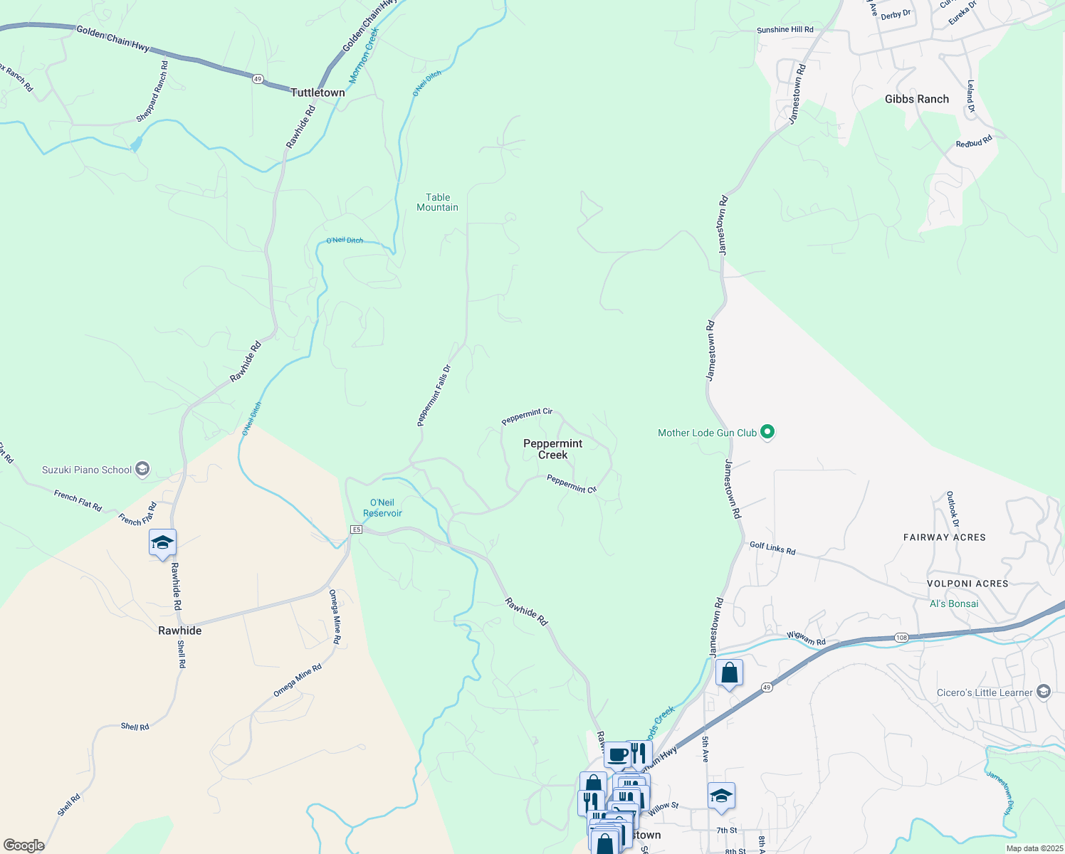 map of restaurants, bars, coffee shops, grocery stores, and more near 10155 Peppermint Circle in Jamestown