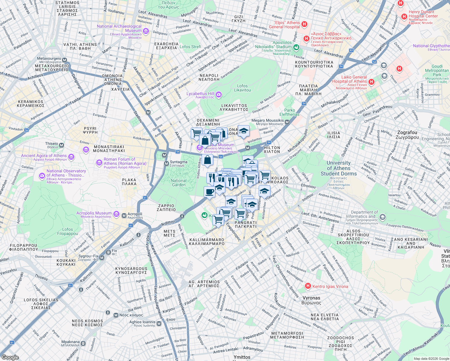 map of restaurants, bars, coffee shops, grocery stores, and more near Leoforos Vasileos Konstantinou in Athens