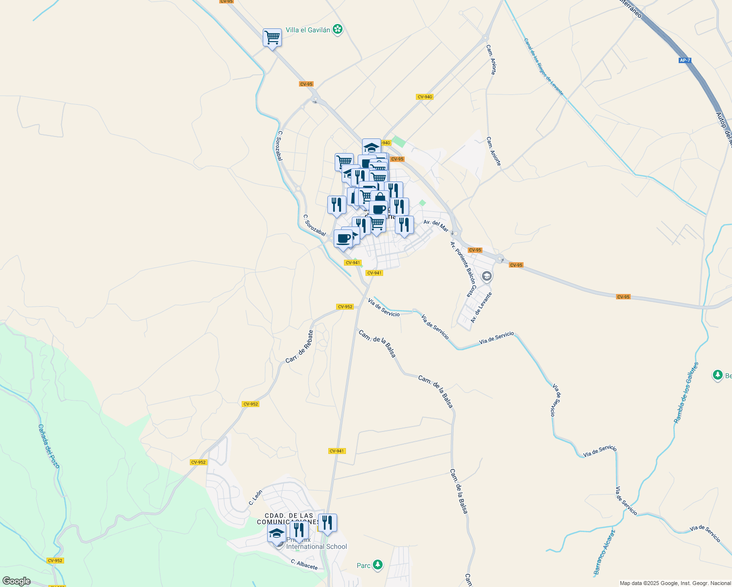 map of restaurants, bars, coffee shops, grocery stores, and more near in San Miguel de Salinas