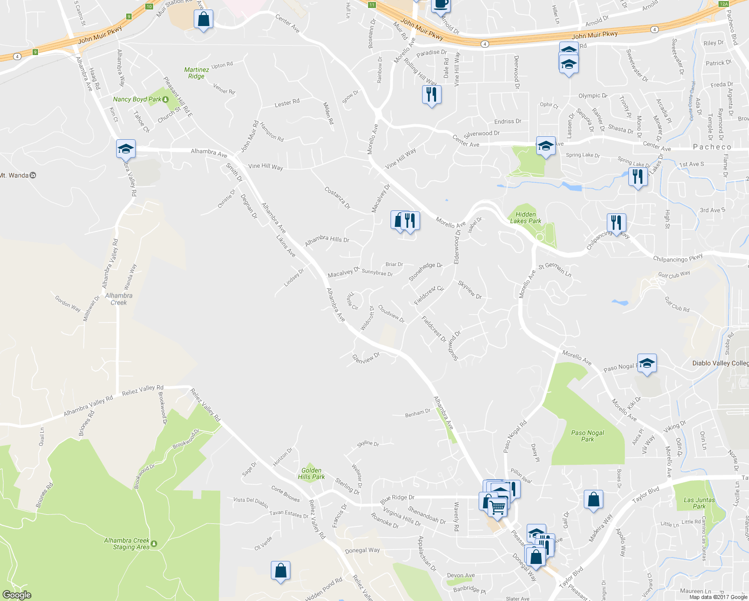 map of restaurants, bars, coffee shops, grocery stores, and more near 304 Wildcroft Dr in Martinez