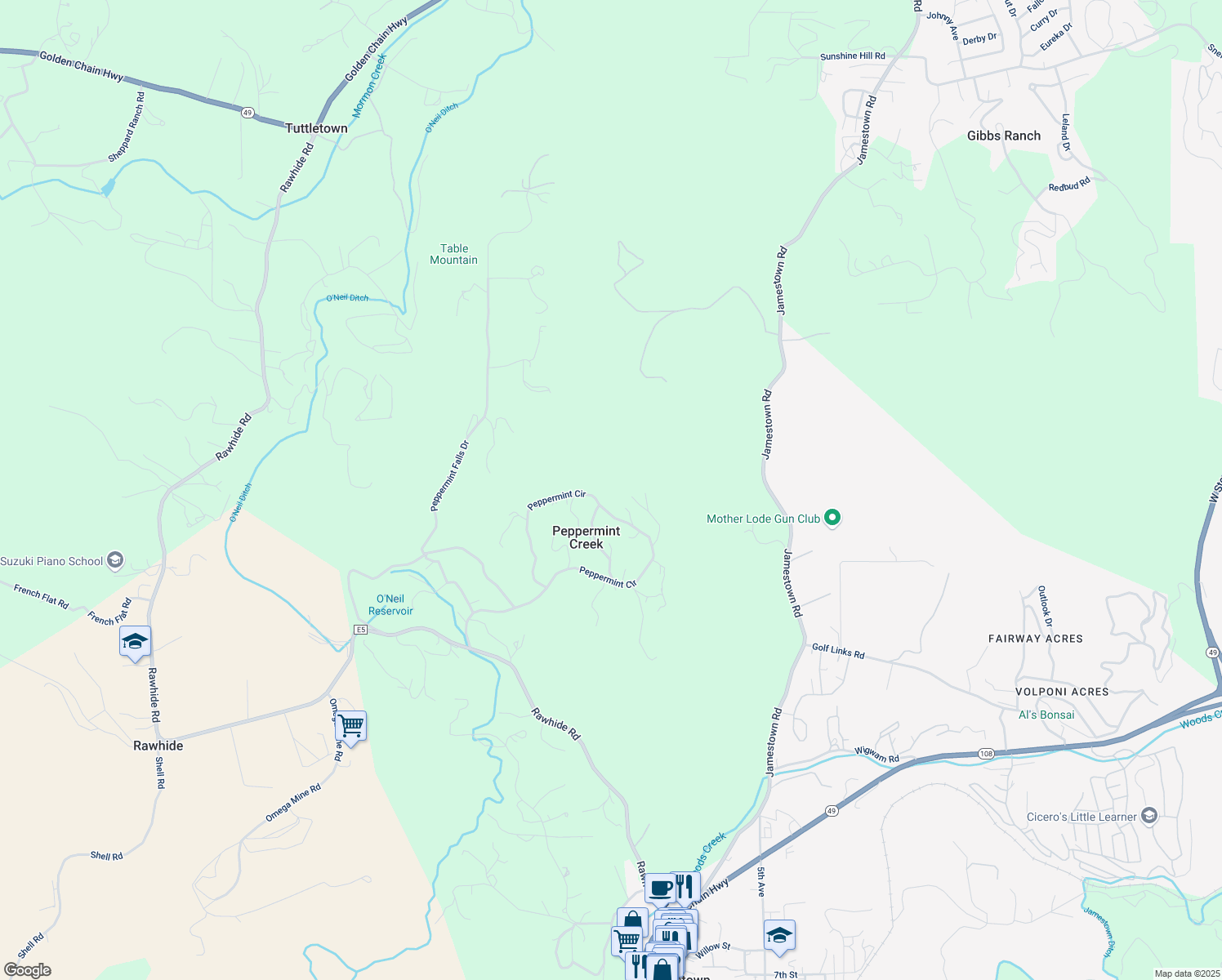map of restaurants, bars, coffee shops, grocery stores, and more near 10155 Peppermint Cir in Jamestown