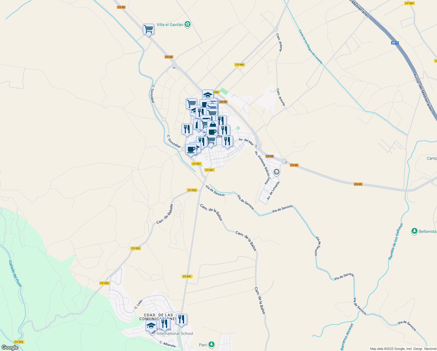 map of restaurants, bars, coffee shops, grocery stores, and more near 37 Calle de Galant Delgado in San Miguel de Salinas
