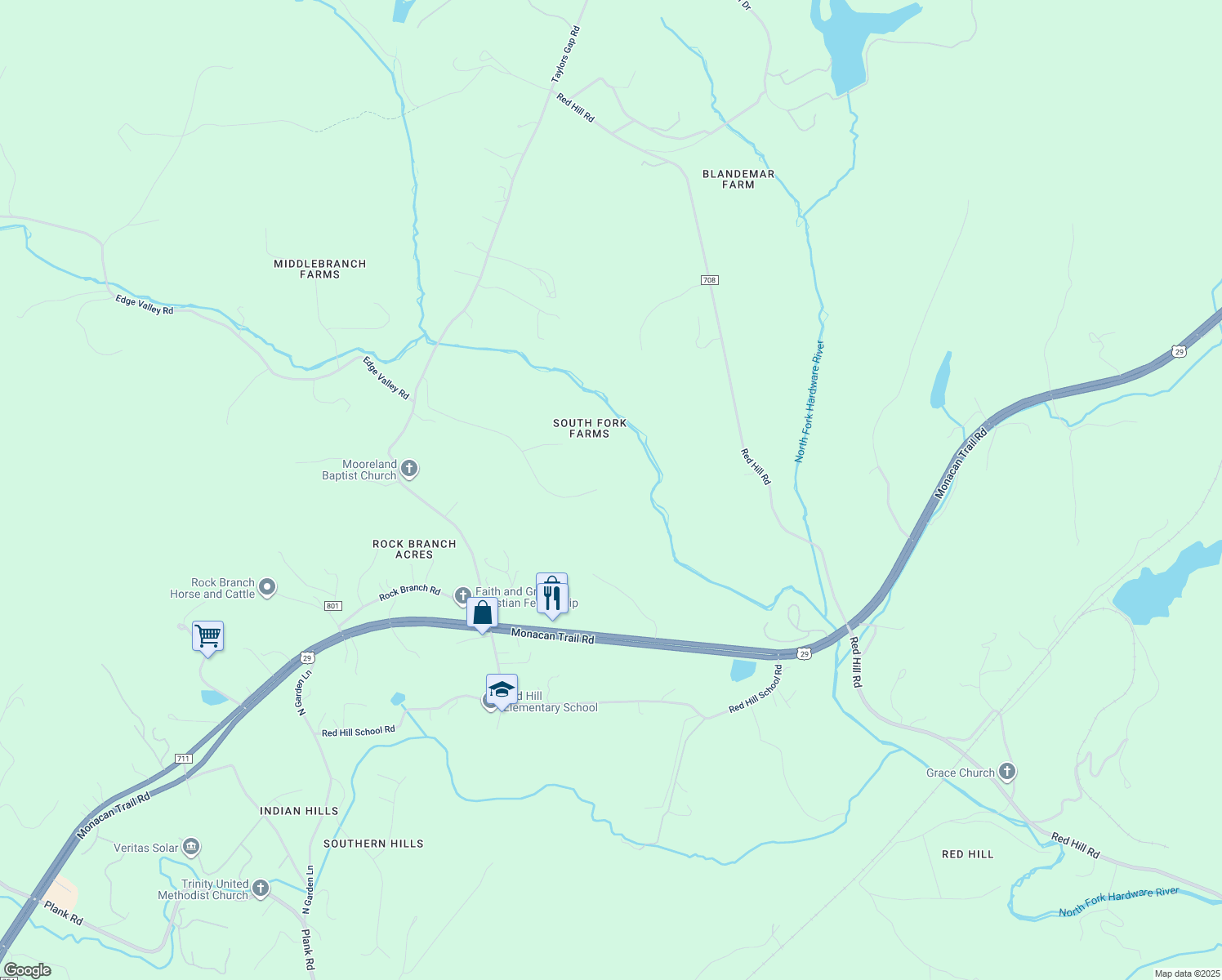 map of restaurants, bars, coffee shops, grocery stores, and more near 4396 Sycamore Creek Drive in North Garden