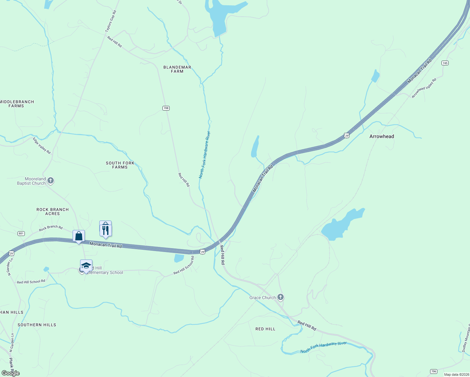 map of restaurants, bars, coffee shops, grocery stores, and more near 2246 Farm Vista Road in Charlottesville