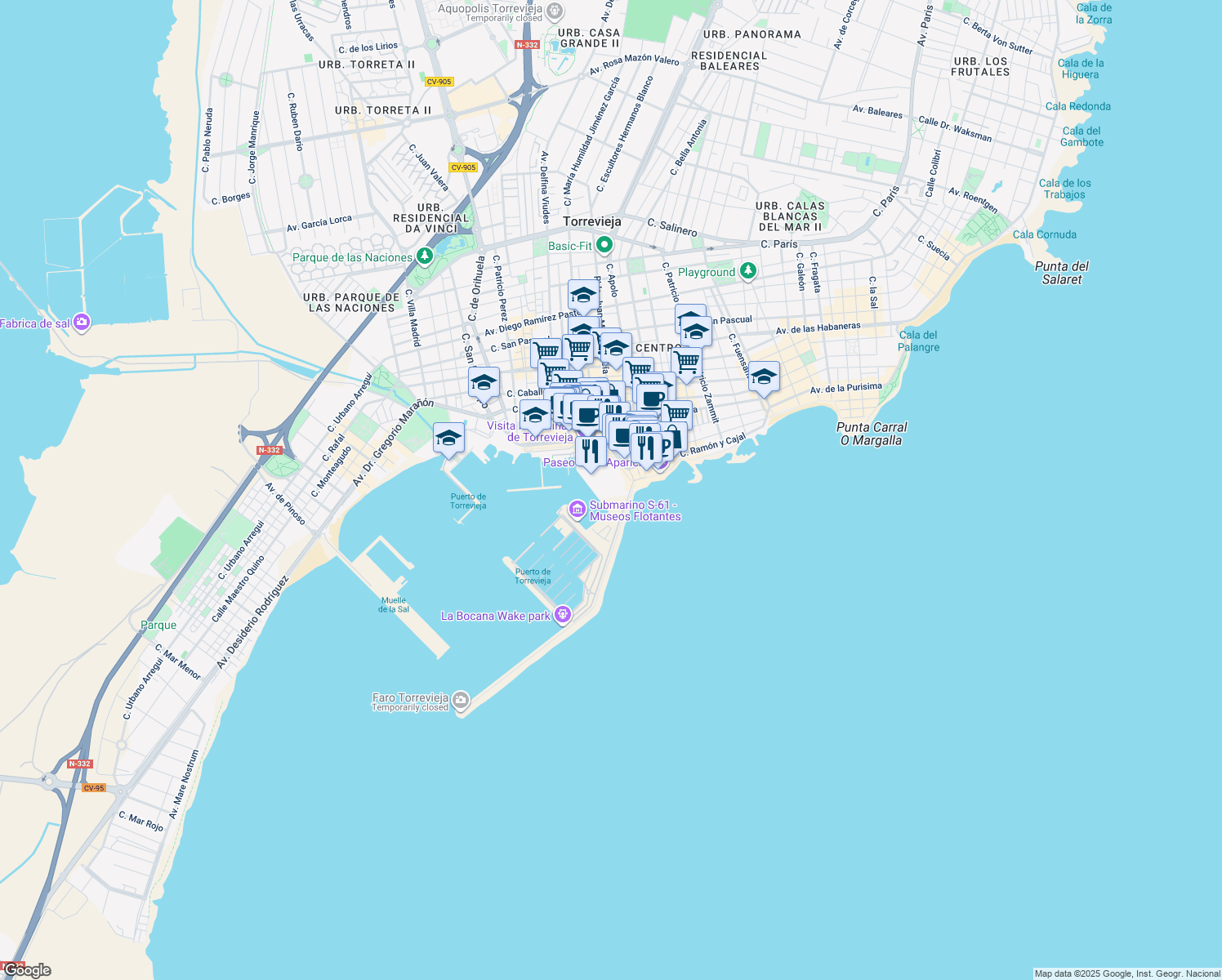 map of restaurants, bars, coffee shops, grocery stores, and more near Paseo de la Libertad in Torrevieja