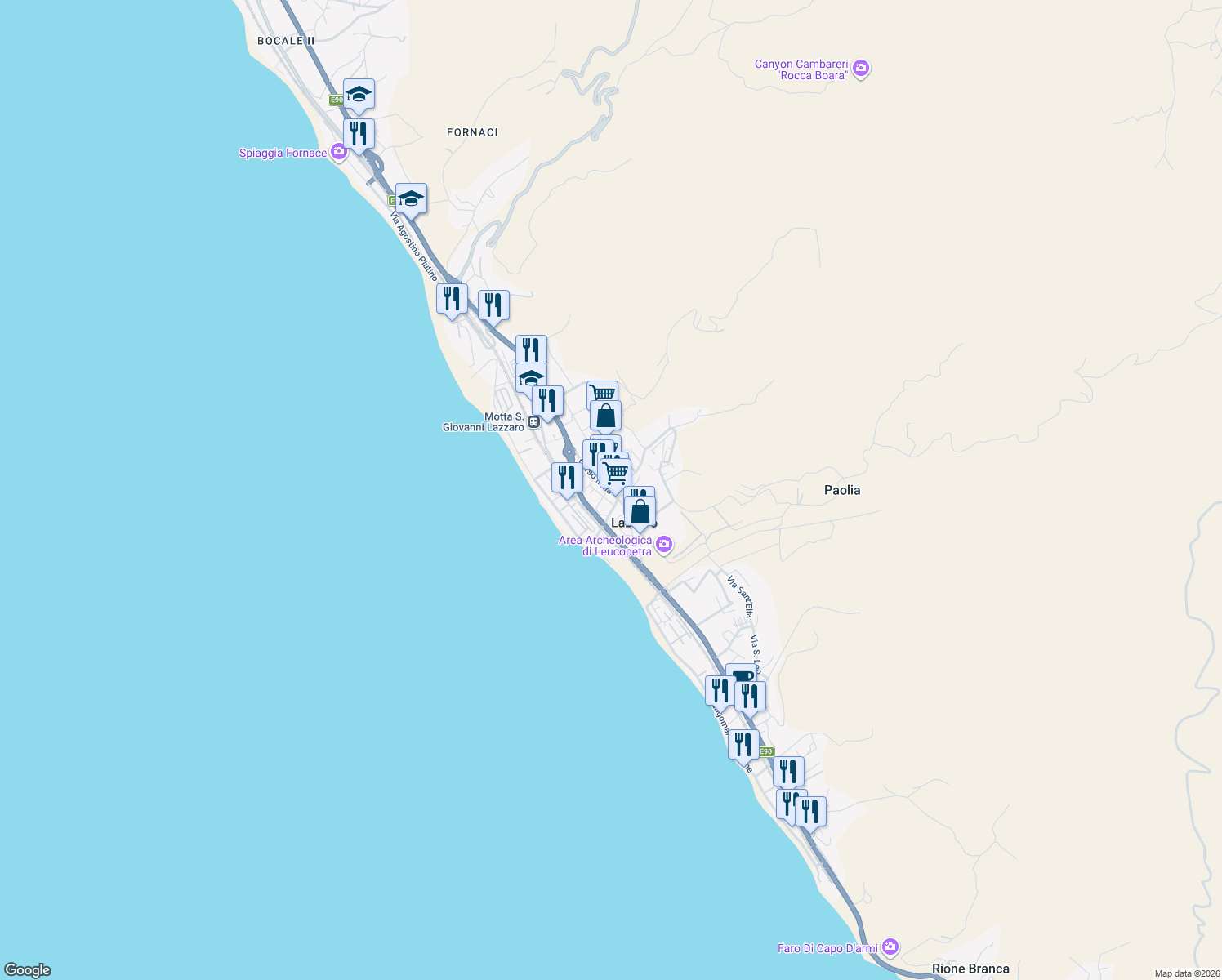 map of restaurants, bars, coffee shops, grocery stores, and more near 33 Corso Italia in Lazzaro