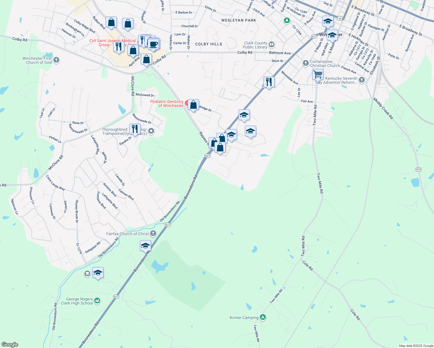 map of restaurants, bars, coffee shops, grocery stores, and more near 557 Country Club Court in Winchester