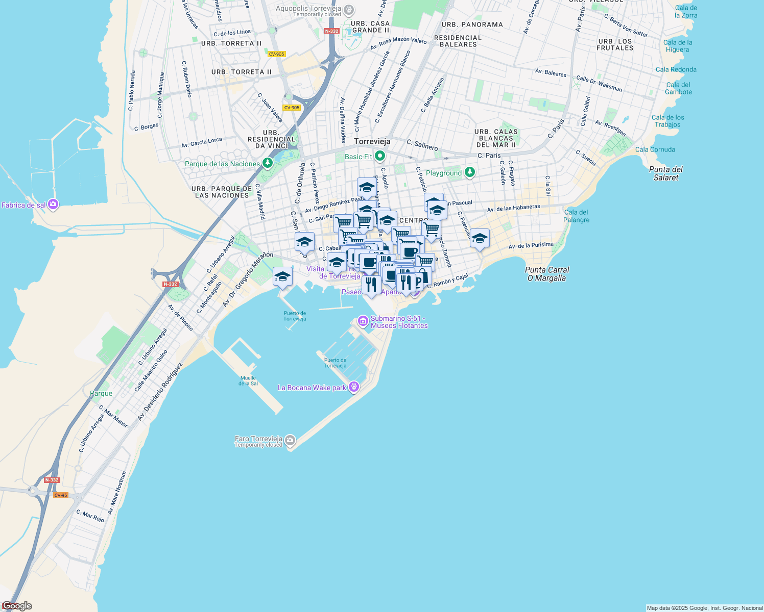 map of restaurants, bars, coffee shops, grocery stores, and more near Paseo de la Libertad in Torrevieja